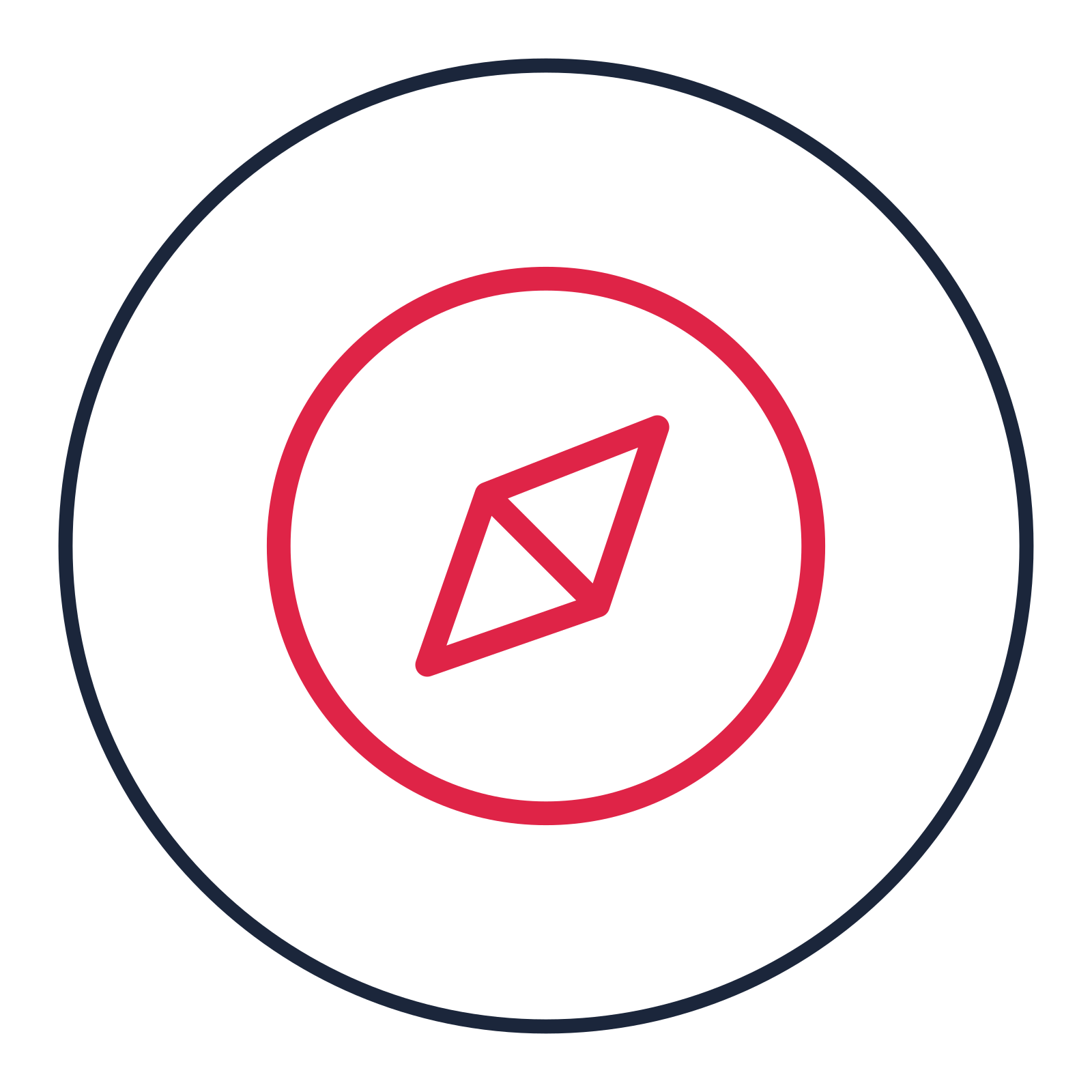 Navigation compass drawn as a medallion icon with clean rounded lines.