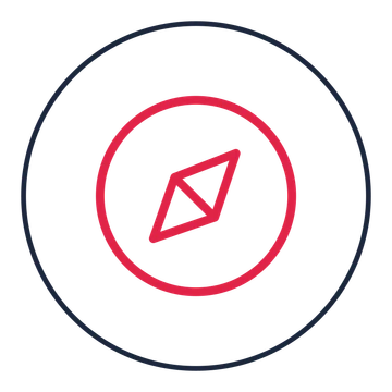 Navigation compass drawn as a medallion icon with clean rounded lines.