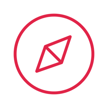 Navigation compass drawn as an outline icon with clean rounded lines.