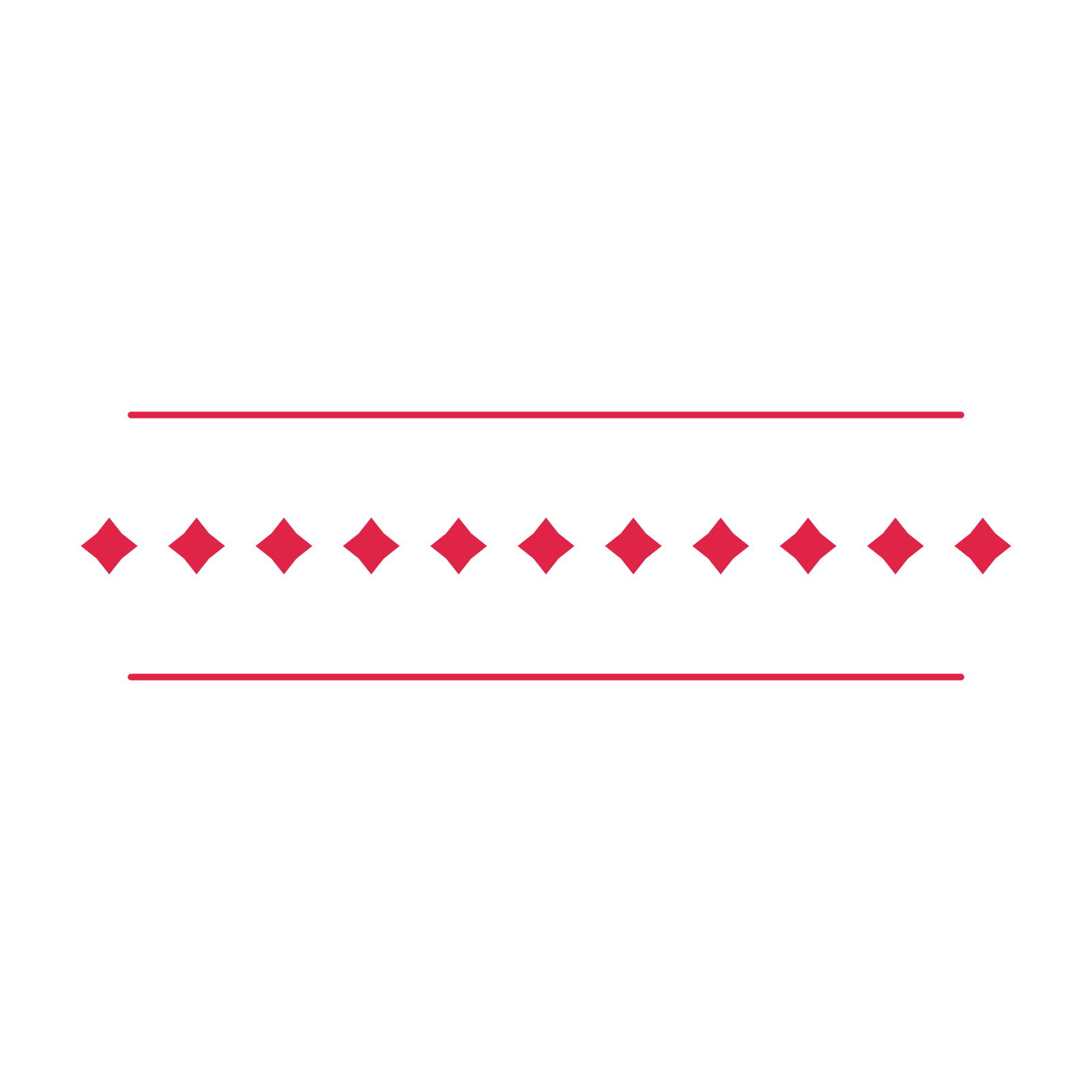 A decorative divider with 11 diamond motifs arranged in a line, between two fine horizontal rules.