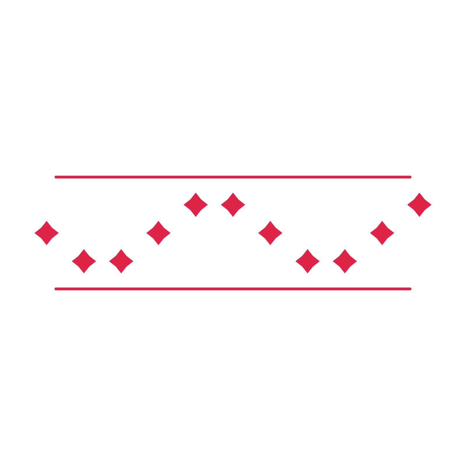 A decorative divider with 11 diamond motifs arranged in a wave, between two fine horizontal rules.