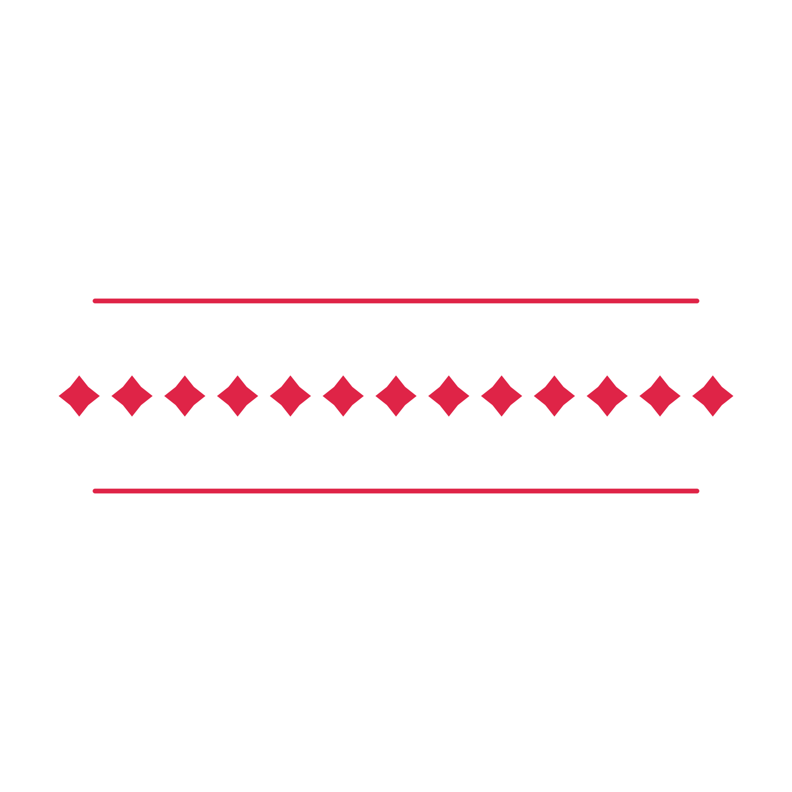 A decorative divider with 13 diamond motifs arranged in a line, between two fine horizontal rules.