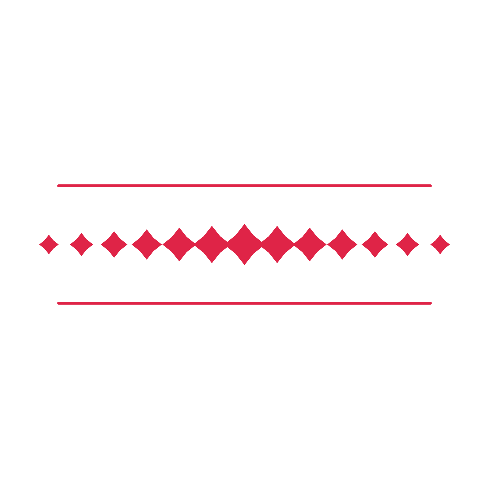 A decorative divider with 13 diamond motifs arranged in a tapered, between two fine horizontal rules.