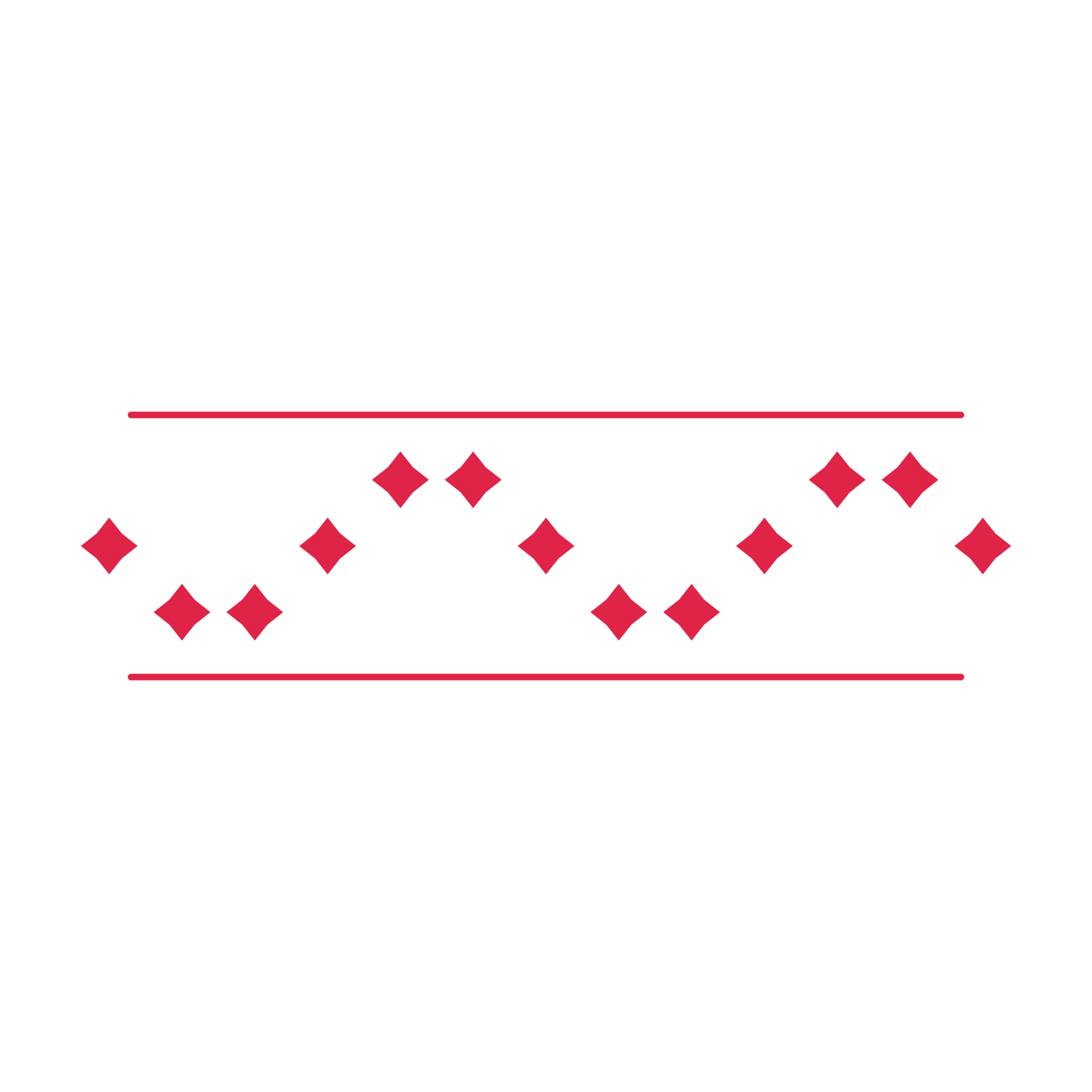 A decorative divider with 13 diamond motifs arranged in a wave, between two fine horizontal rules.