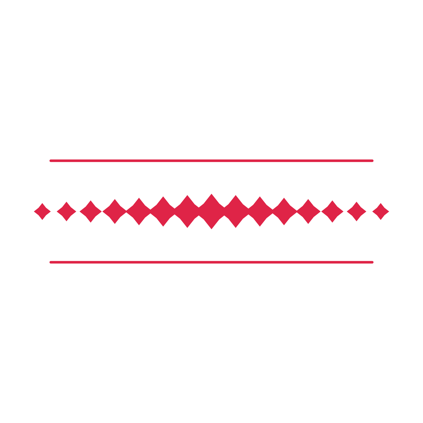 A decorative divider with 15 diamond motifs arranged in a tapered, between two fine horizontal rules.
