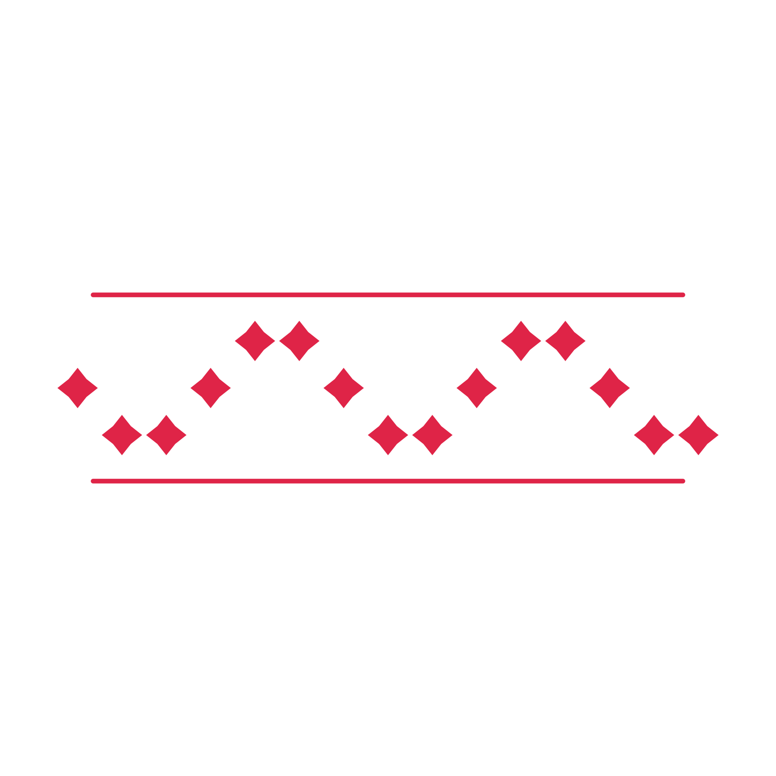 A decorative divider with 15 diamond motifs arranged in a wave, between two fine horizontal rules.