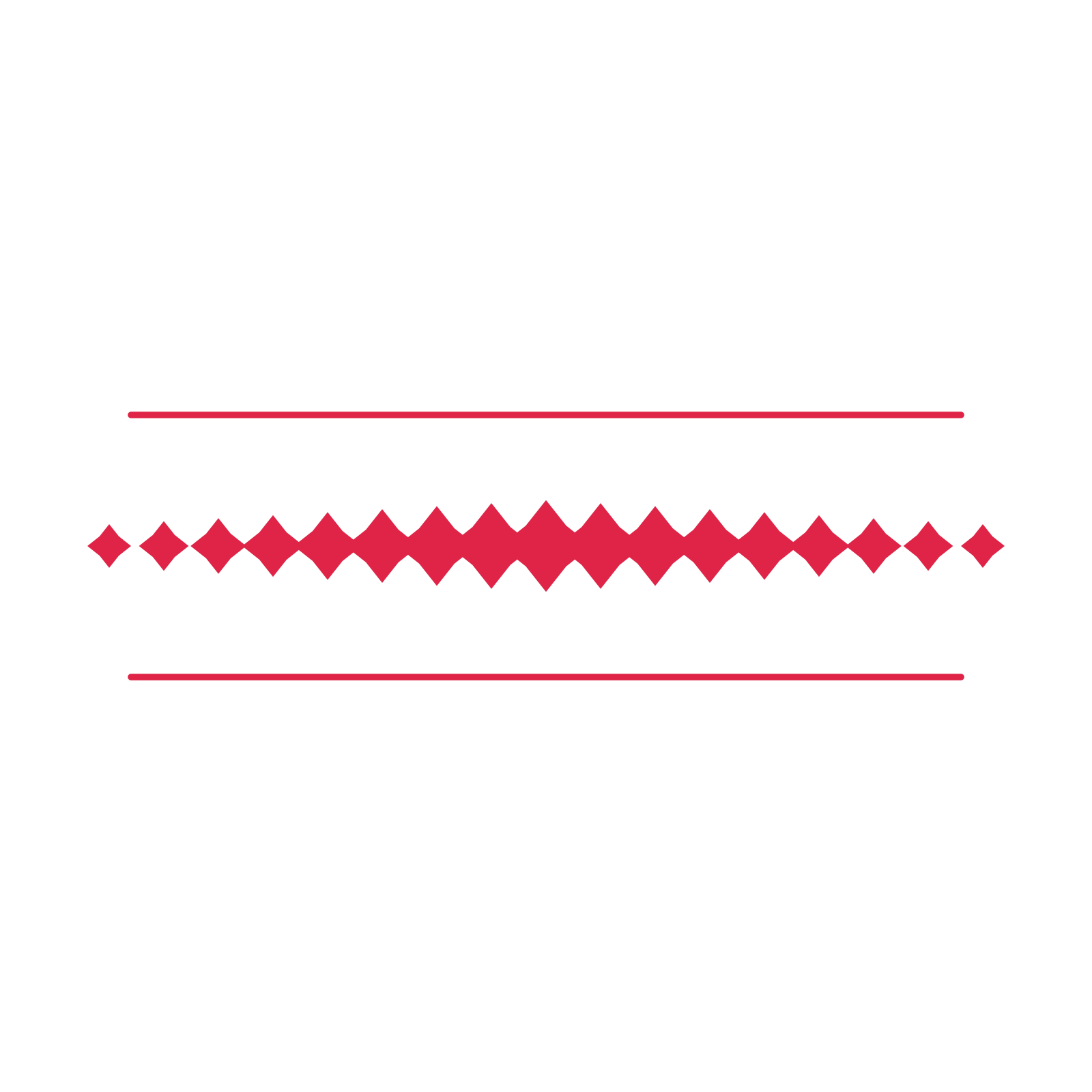 A decorative divider with 17 diamond motifs arranged in a tapered, between two fine horizontal rules.