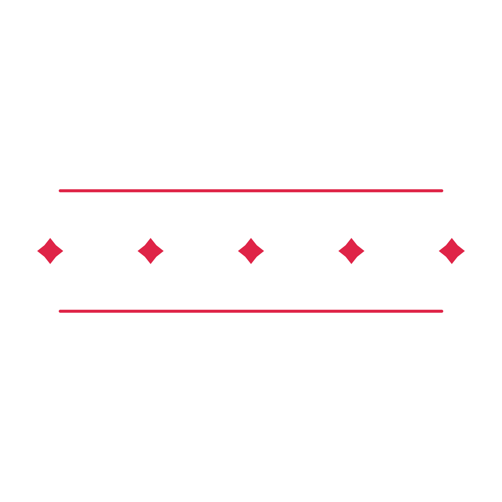 A decorative divider with 5 diamond motifs arranged in a line, between two fine horizontal rules.