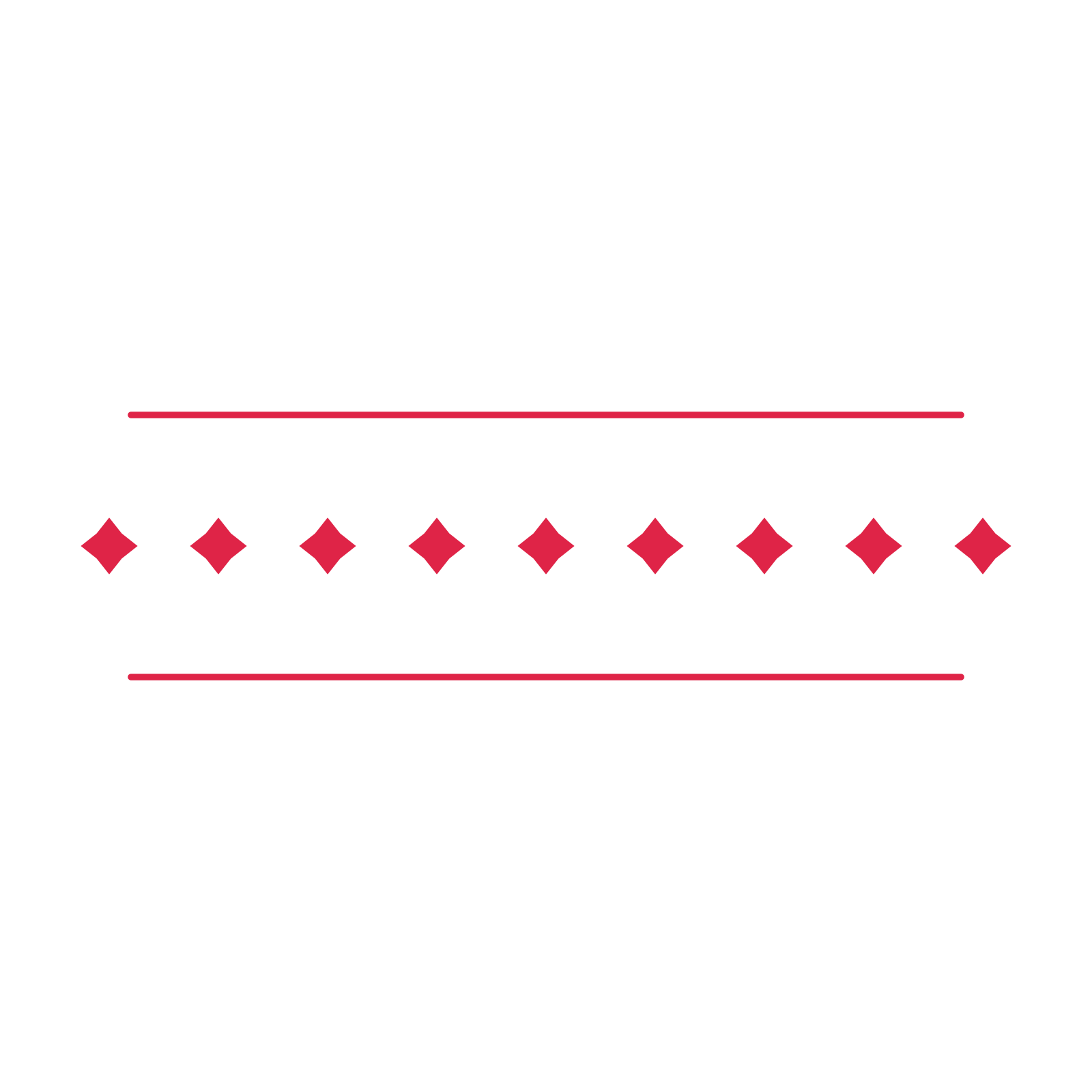 A decorative divider with 9 diamond motifs arranged in a line, between two fine horizontal rules.