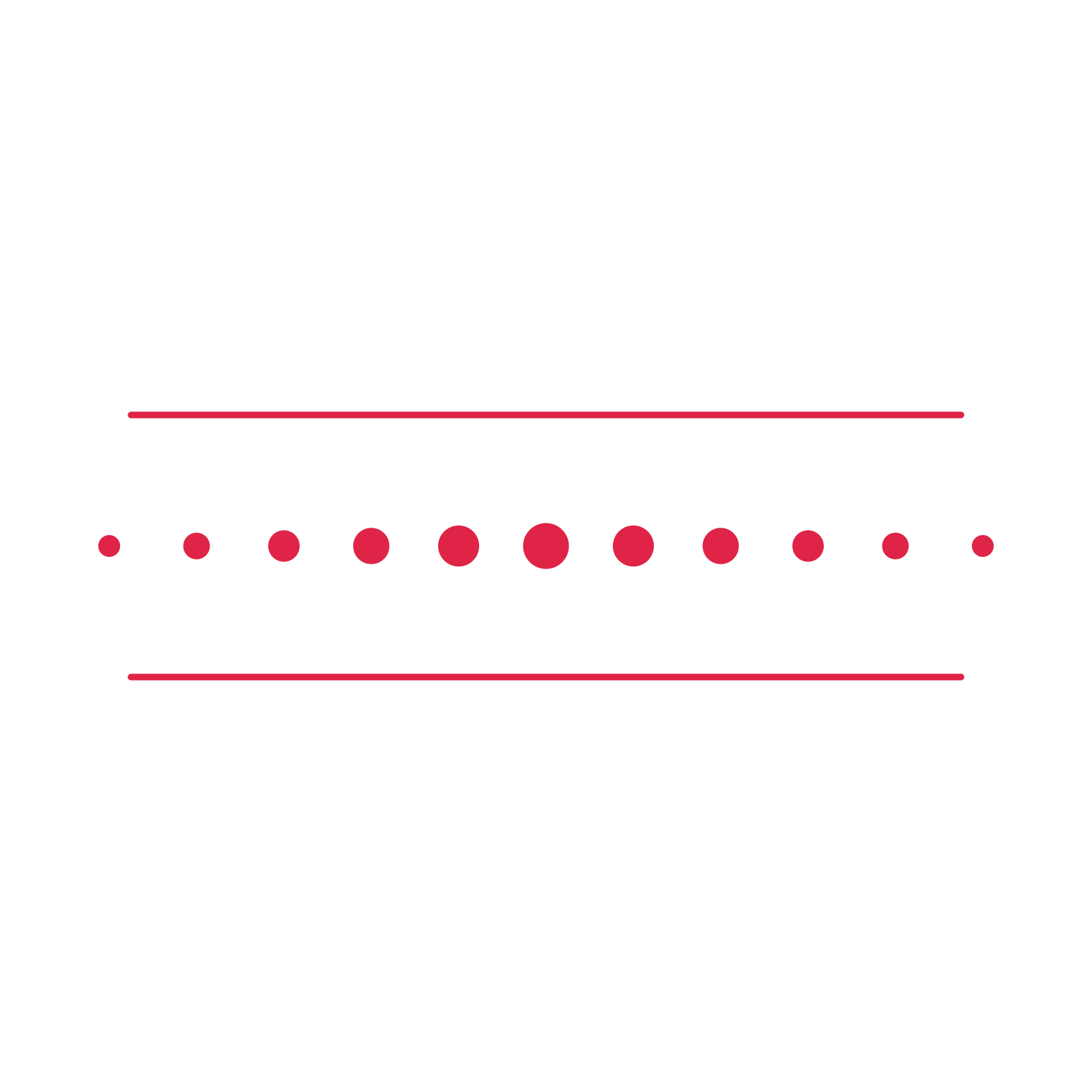 A decorative divider with 11 dot motifs arranged in a tapered, between two fine horizontal rules.
