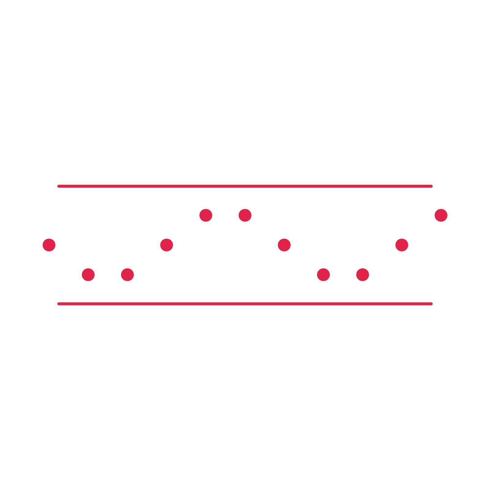 A decorative divider with 11 dot motifs arranged in a wave, between two fine horizontal rules.