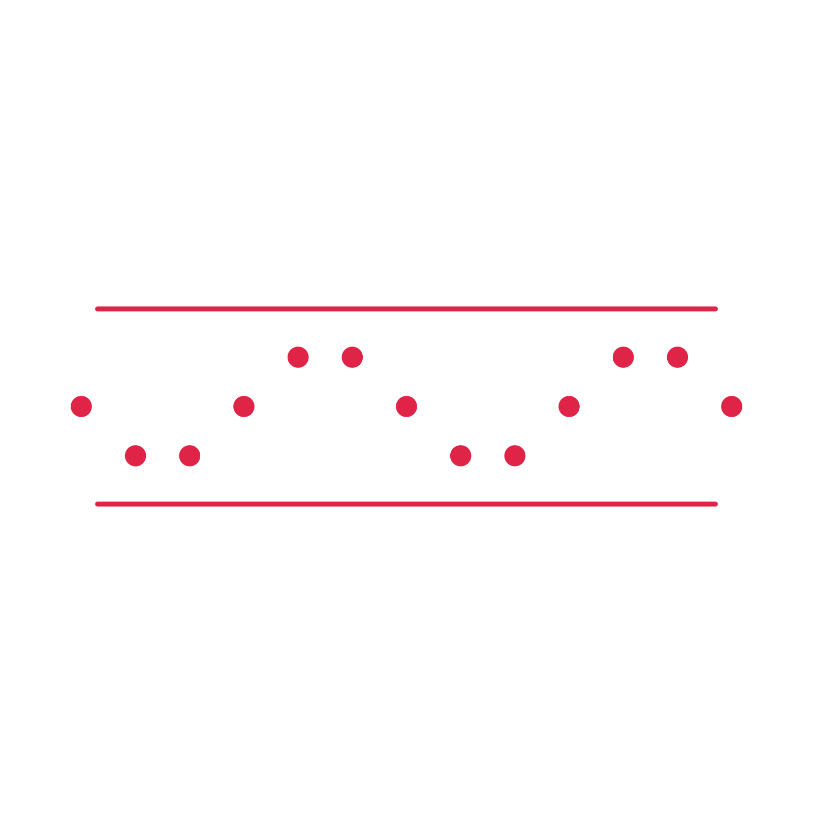 A decorative divider with 13 dot motifs arranged in a wave, between two fine horizontal rules.