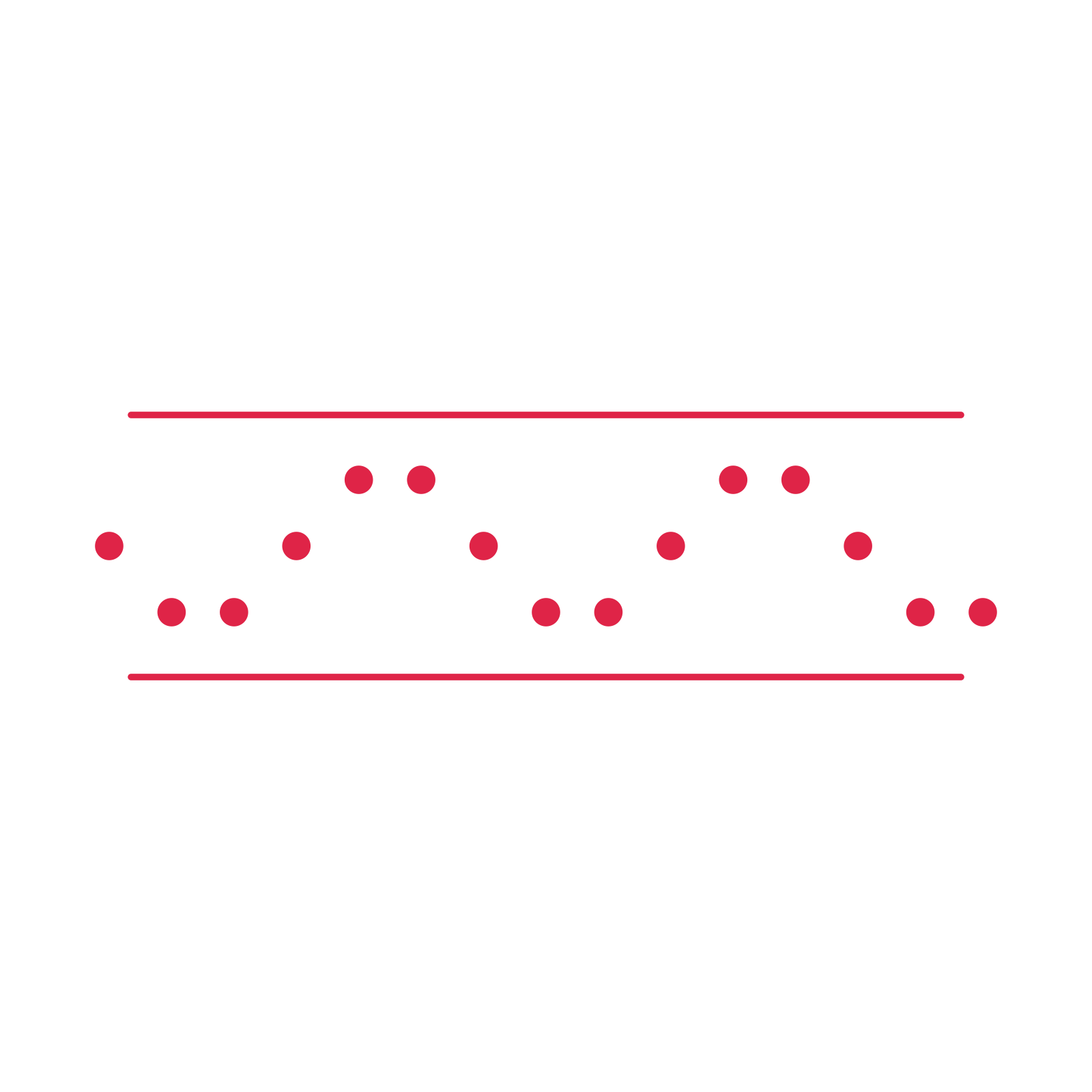 A decorative divider with 15 dot motifs arranged in a wave, between two fine horizontal rules.
