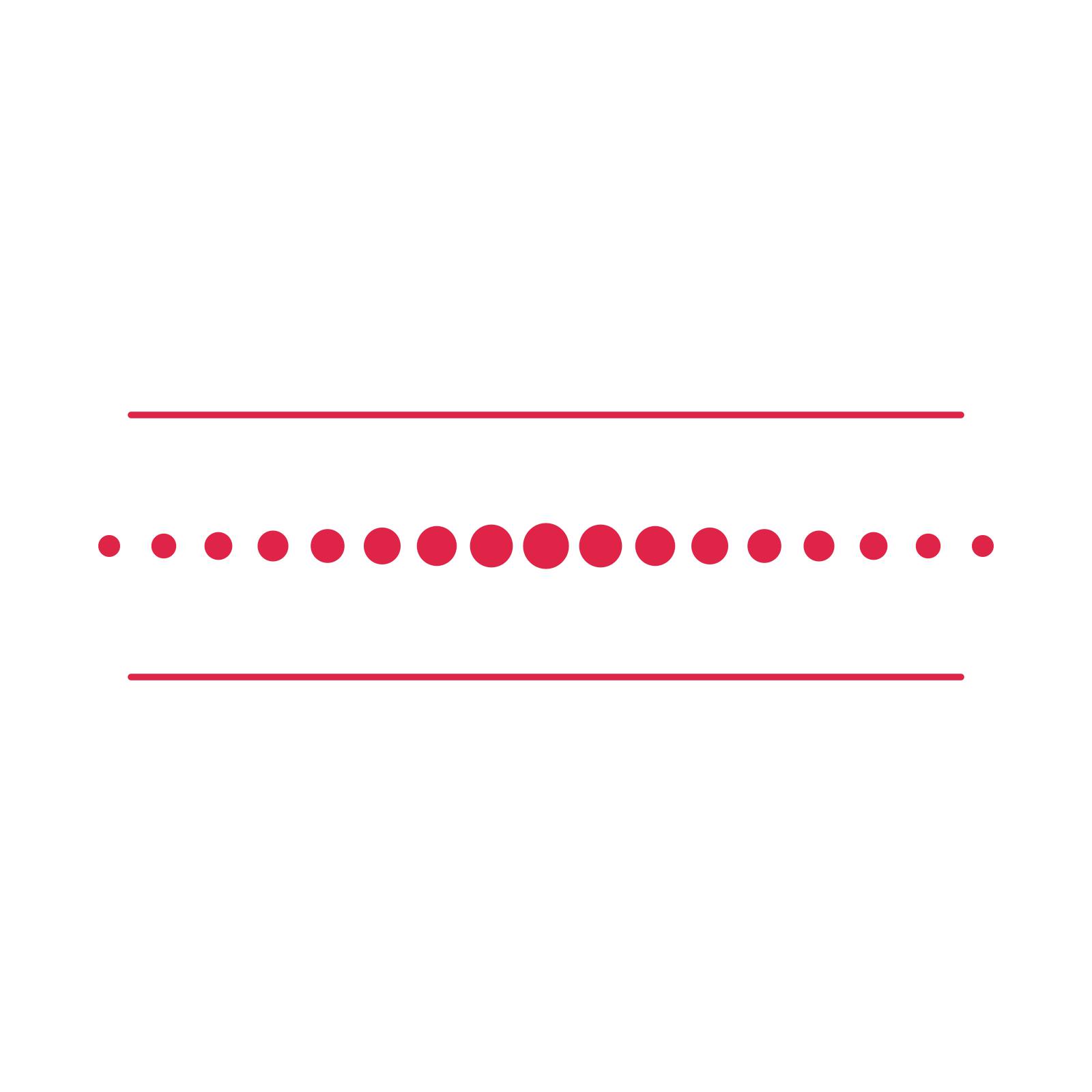 A decorative divider with 17 dot motifs arranged in a tapered, between two fine horizontal rules.