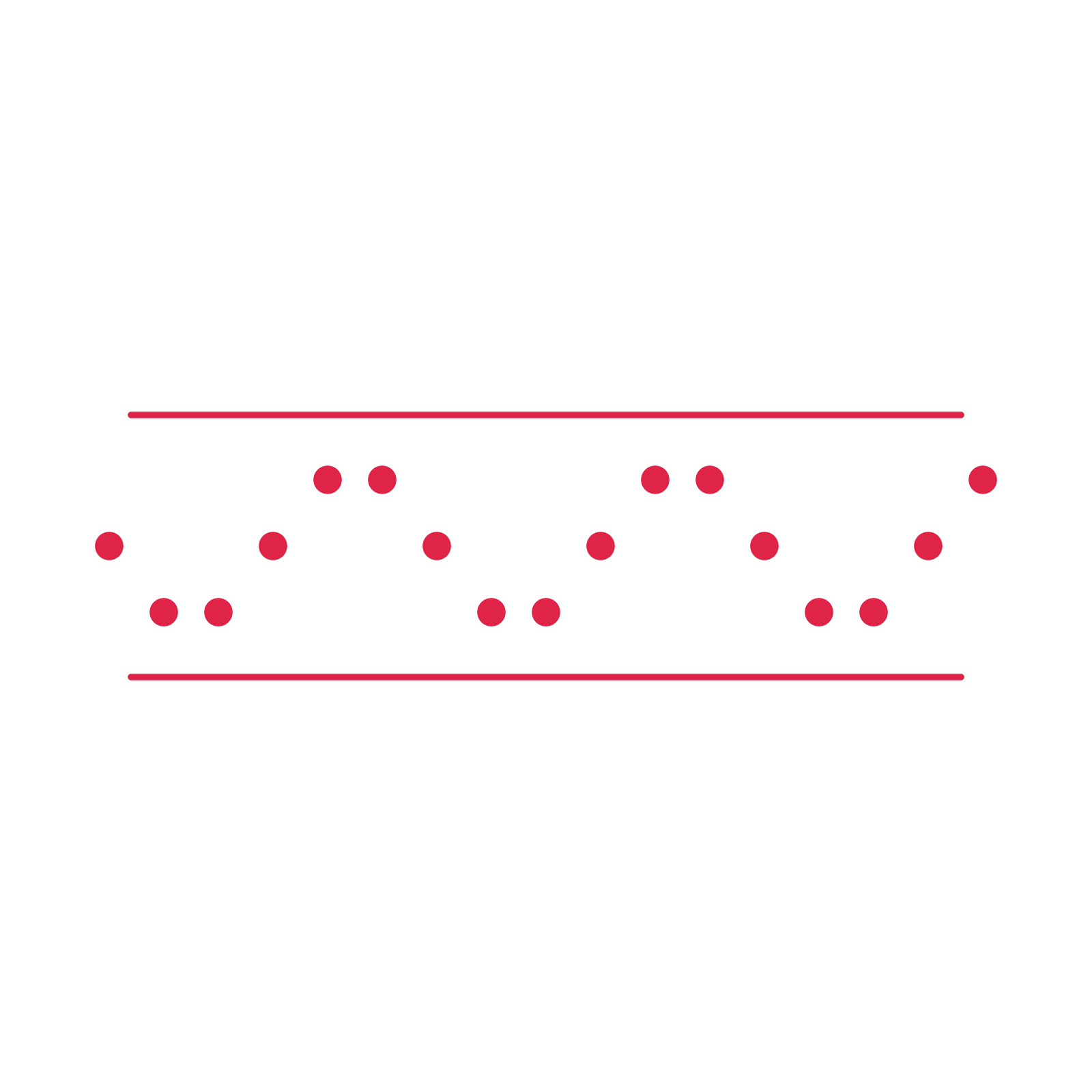 A decorative divider with 17 dot motifs arranged in a wave, between two fine horizontal rules.