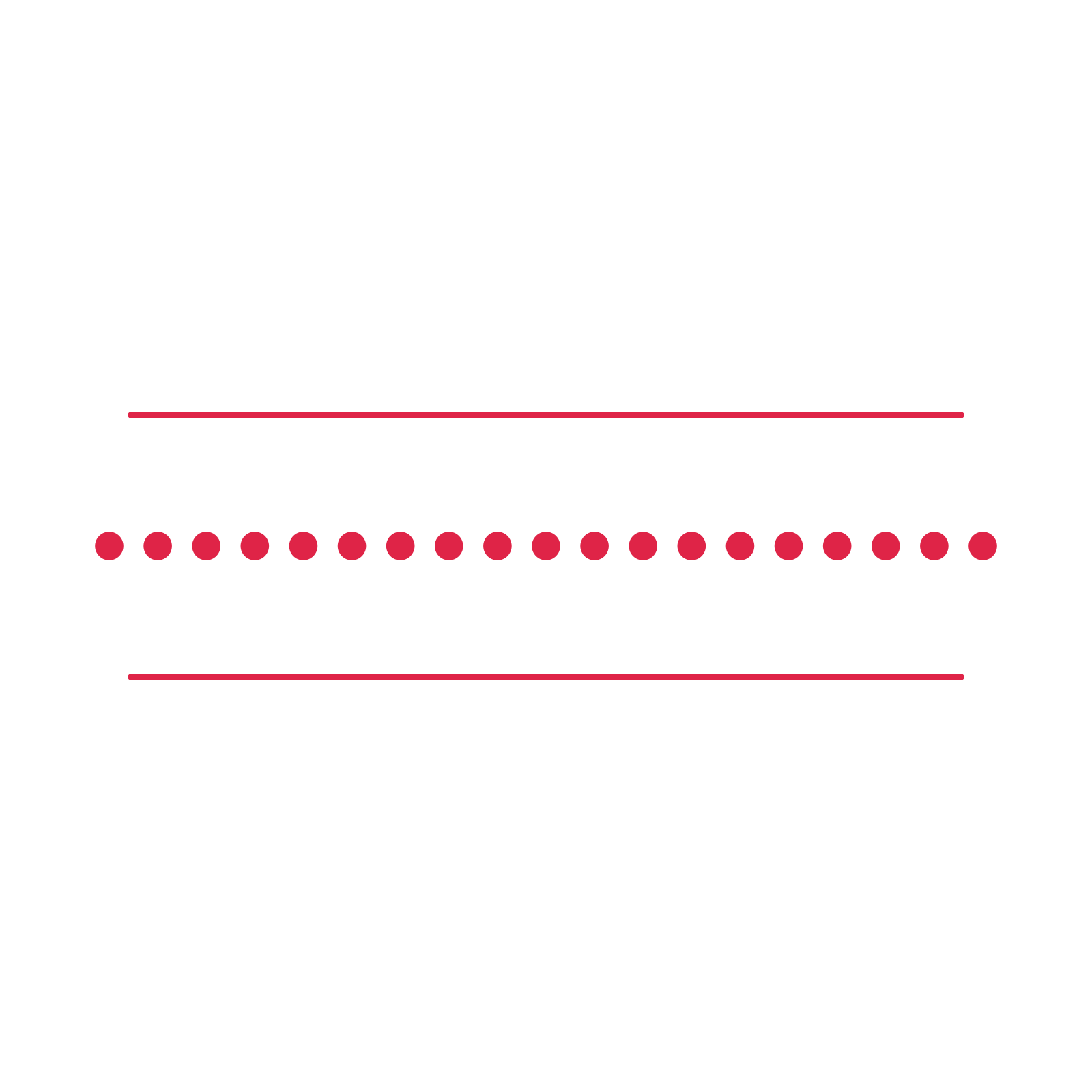 A decorative divider with 19 dot motifs arranged in a line, between two fine horizontal rules.