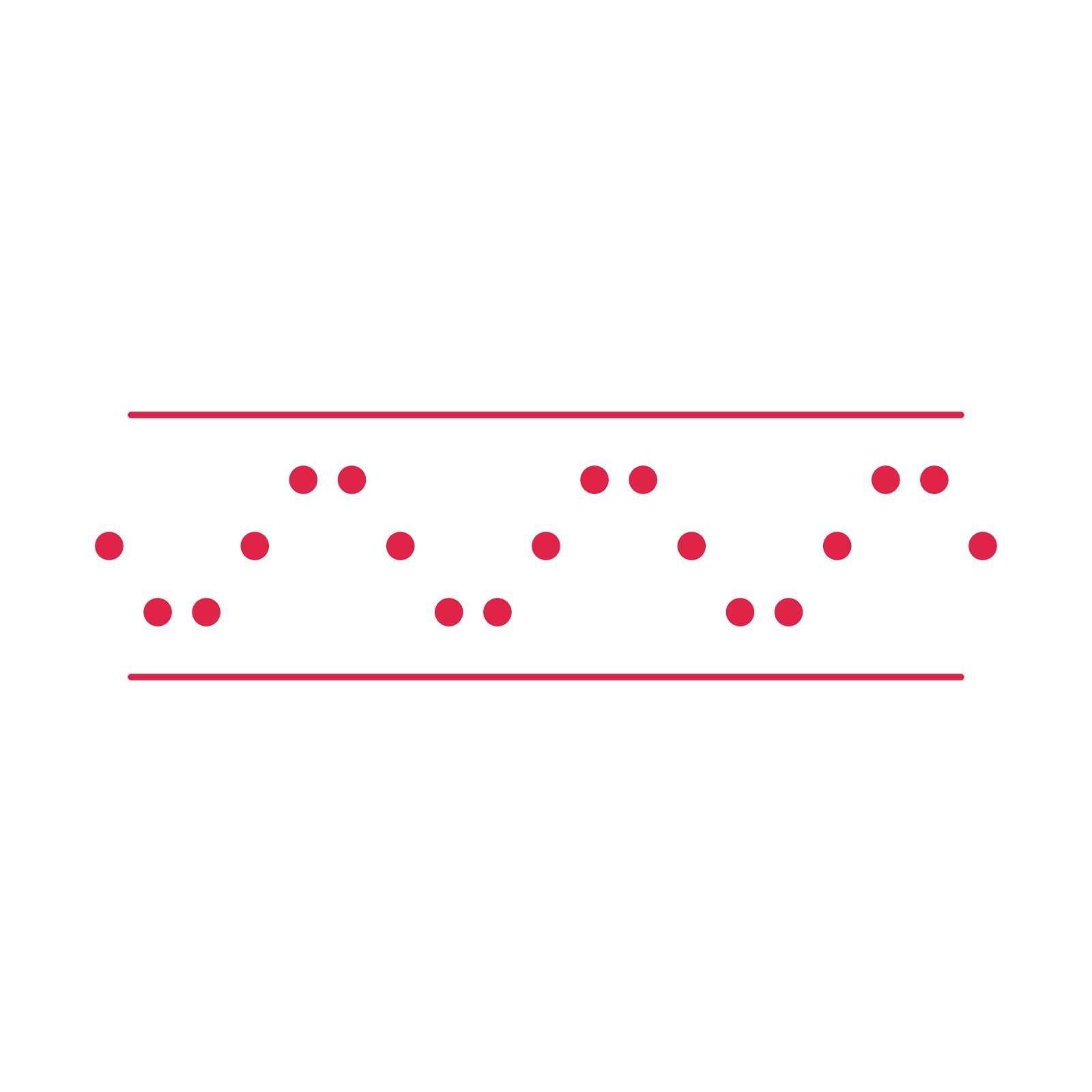 A decorative divider with 19 dot motifs arranged in a wave, between two fine horizontal rules.