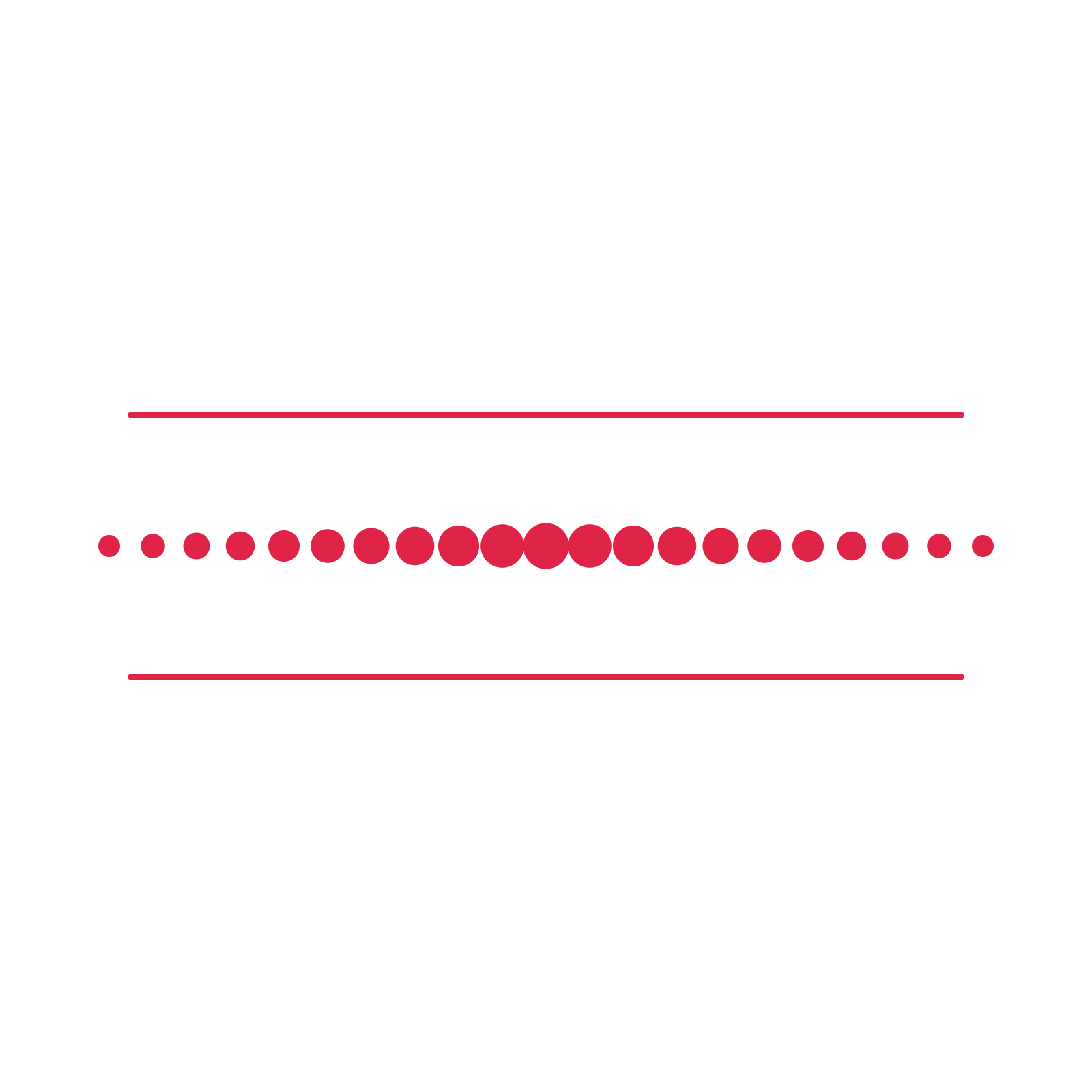 A decorative divider with 21 dot motifs arranged in a tapered, between two fine horizontal rules.
