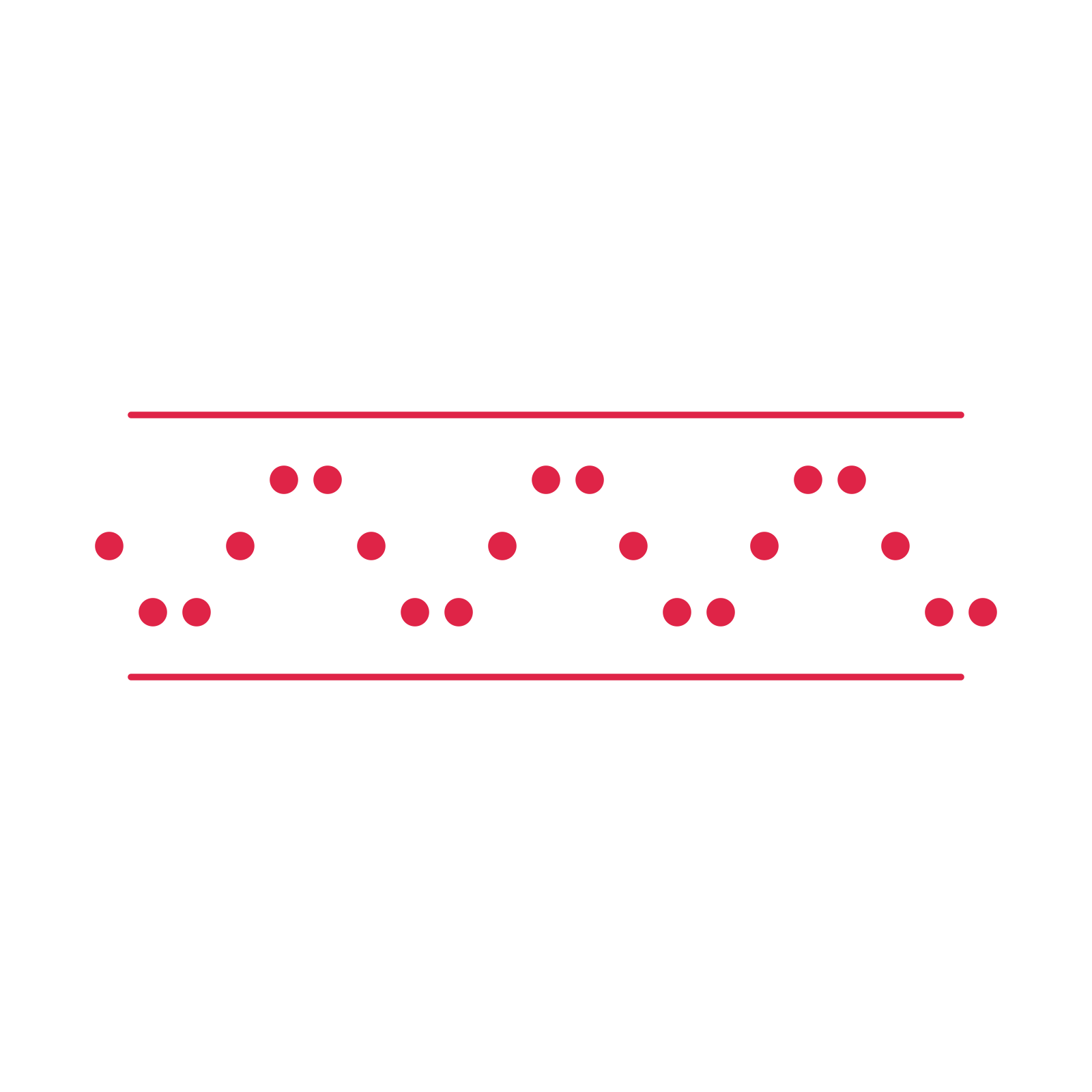 A decorative divider with 21 dot motifs arranged in a wave, between two fine horizontal rules.