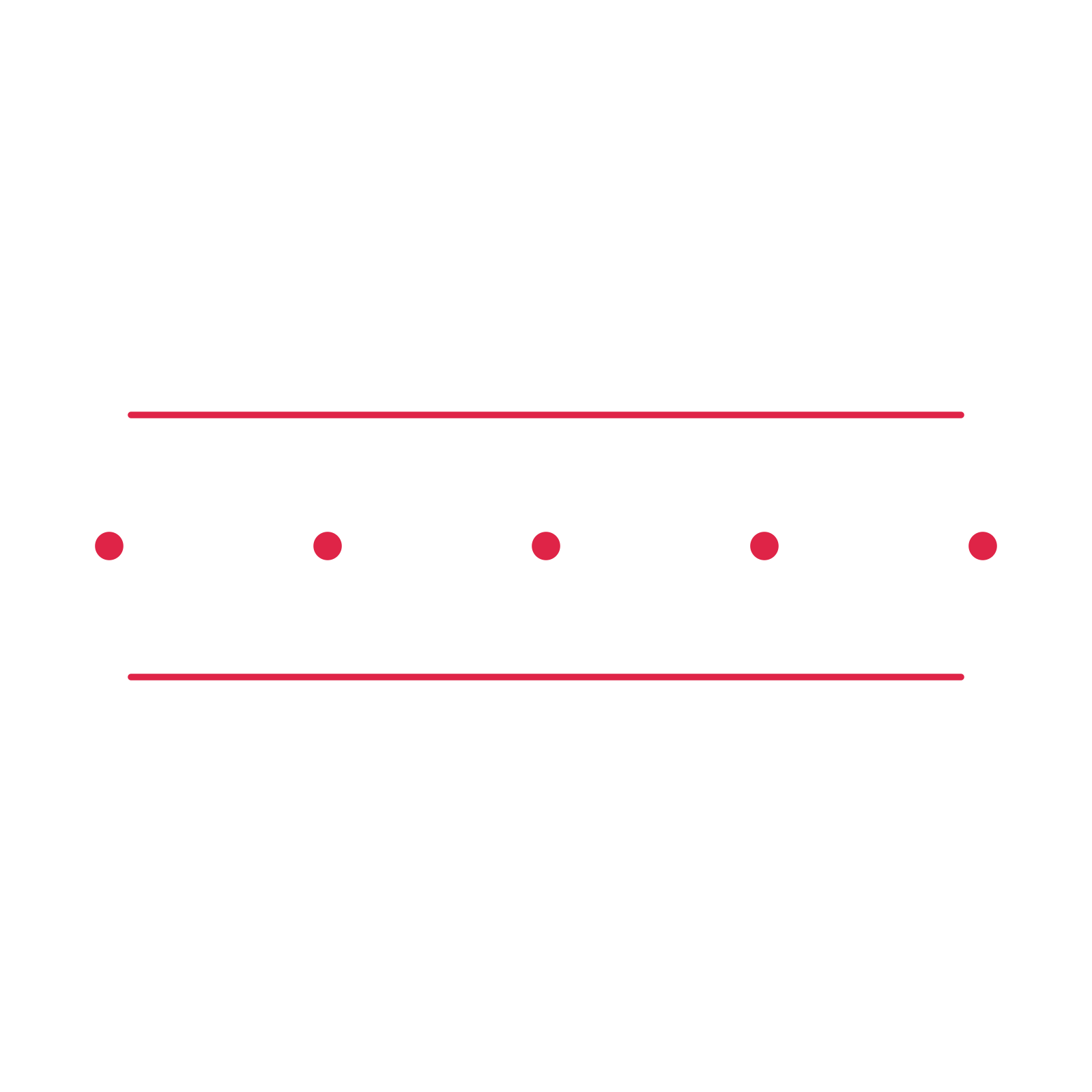 A decorative divider with 5 dot motifs arranged in a line, between two fine horizontal rules.