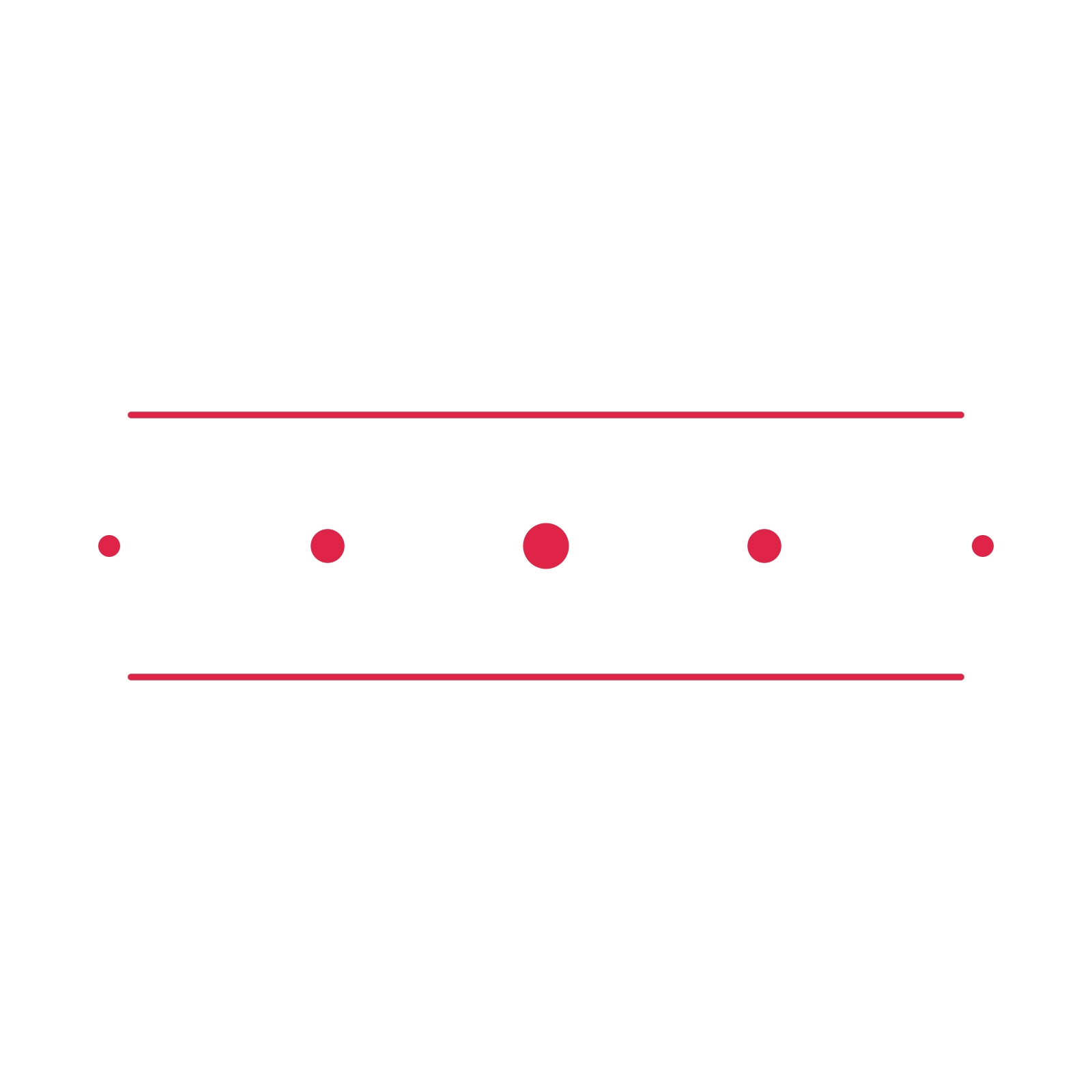 A decorative divider with 5 dot motifs arranged in a tapered, between two fine horizontal rules.