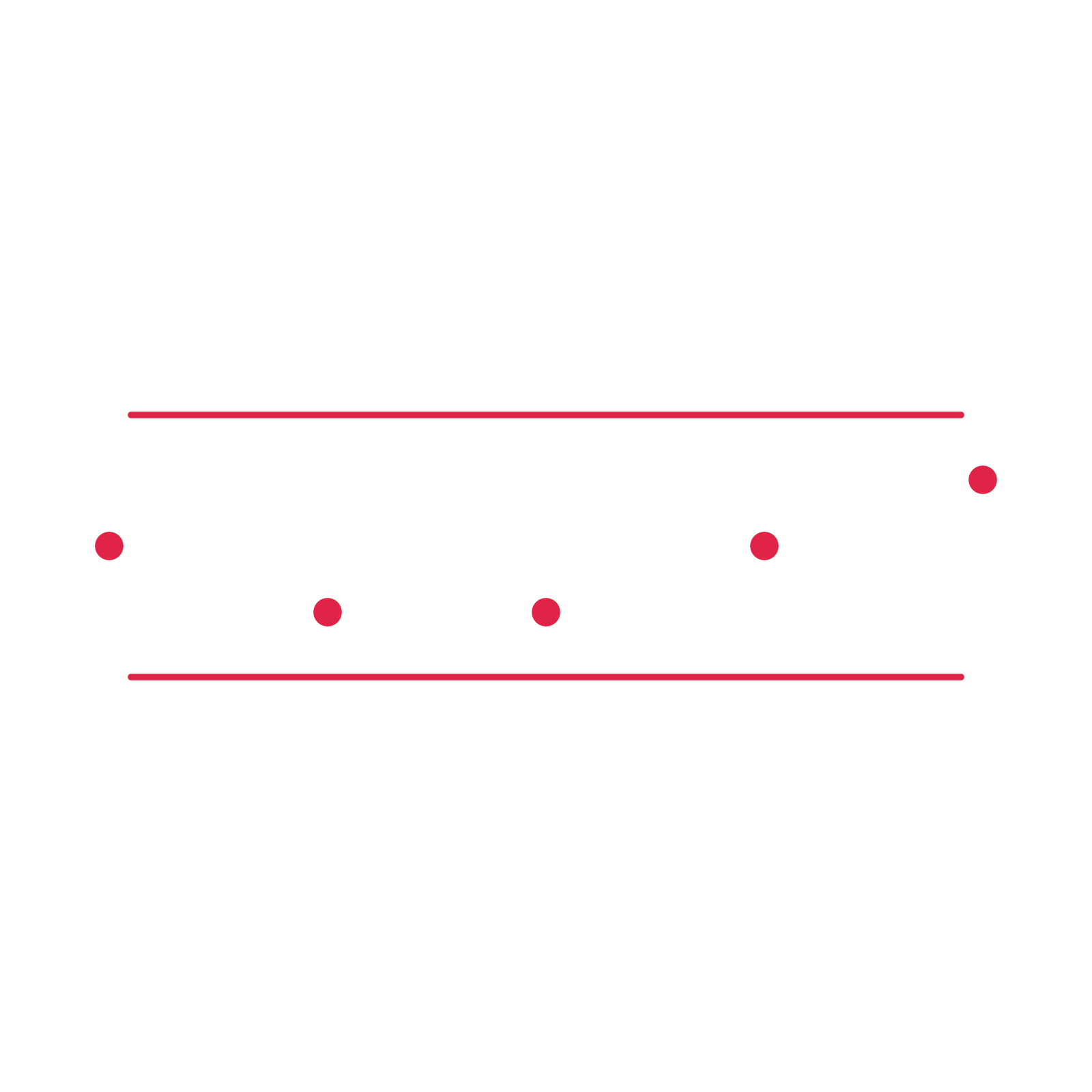 A decorative divider with 5 dot motifs arranged in a wave, between two fine horizontal rules.