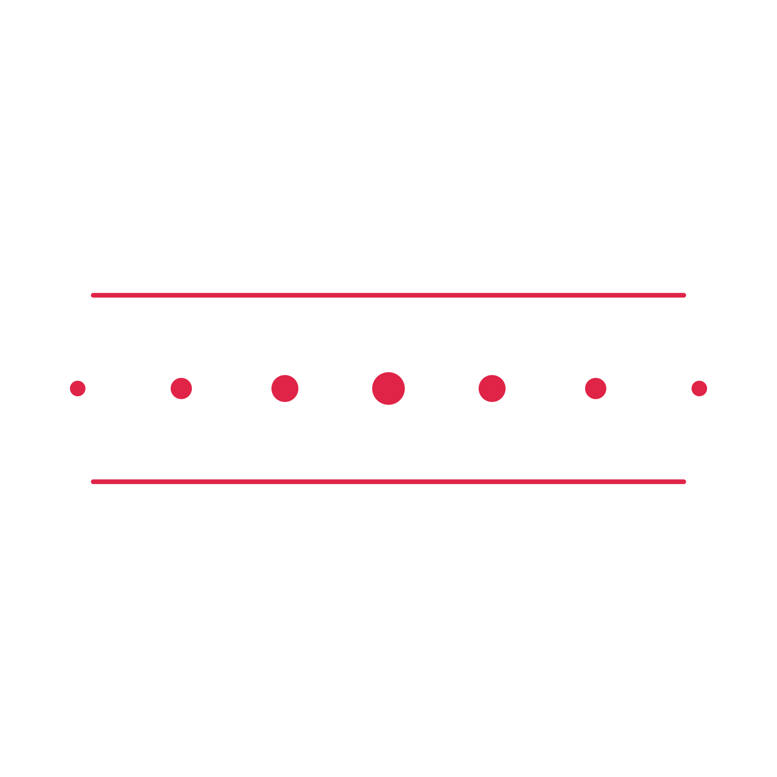 A decorative divider with 7 dot motifs arranged in a tapered, between two fine horizontal rules.