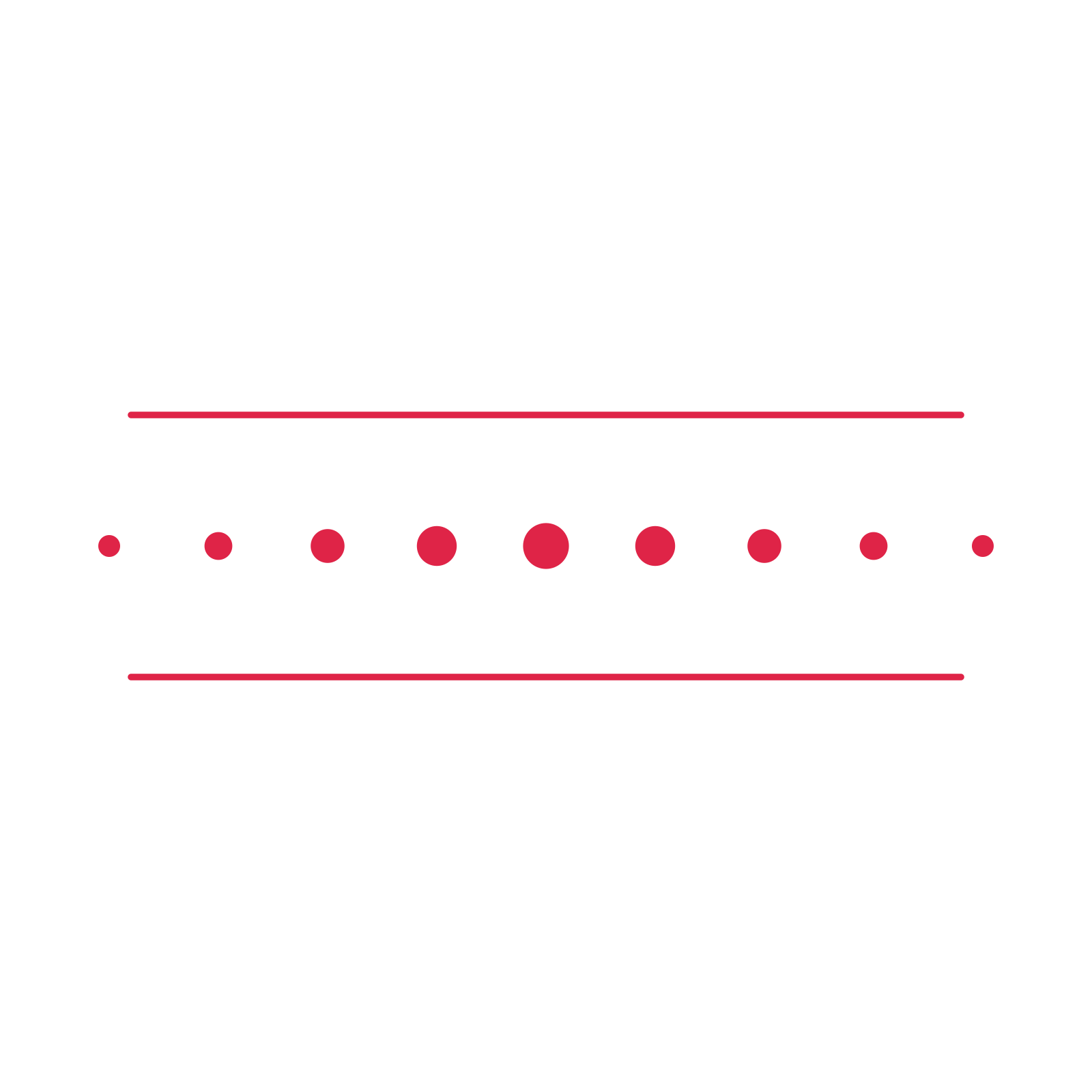 A decorative divider with 9 dot motifs arranged in a tapered, between two fine horizontal rules.