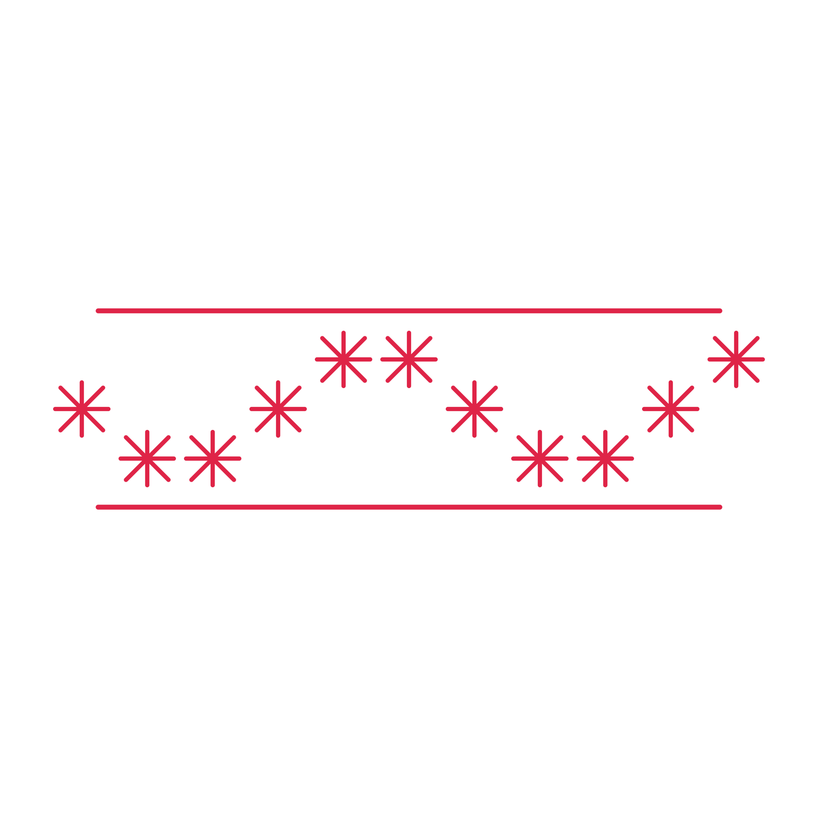 A decorative divider with 11 fan motifs arranged in a wave, between two fine horizontal rules.