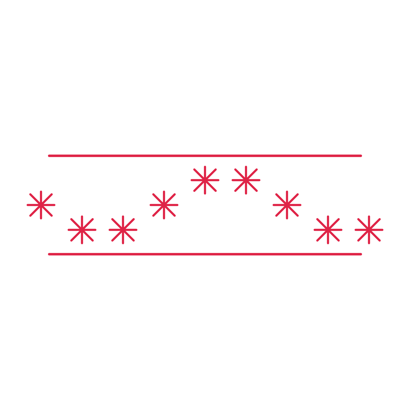 A decorative divider with 9 fan motifs arranged in a wave, between two fine horizontal rules.