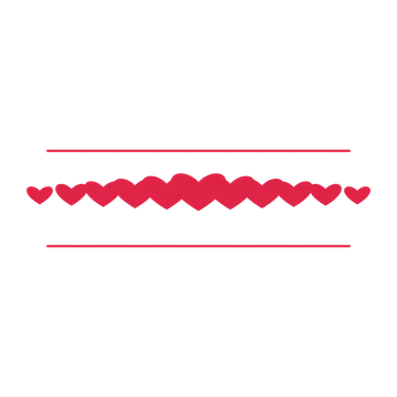 A decorative divider with 11 heart motifs arranged in a tapered, between two fine horizontal rules.