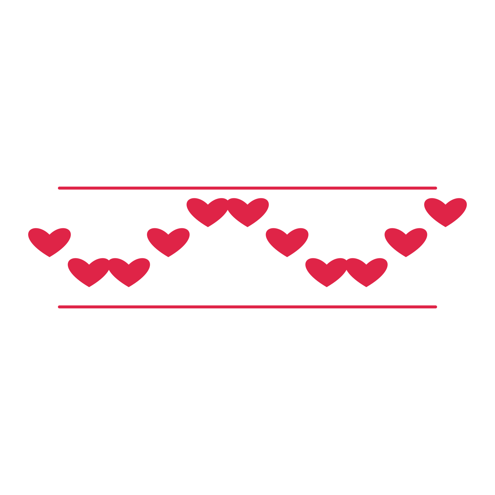 A decorative divider with 11 heart motifs arranged in a wave, between two fine horizontal rules.