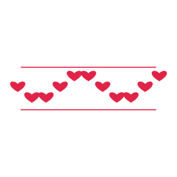 A decorative divider with 11 heart motifs arranged in a wave, between two fine horizontal rules.