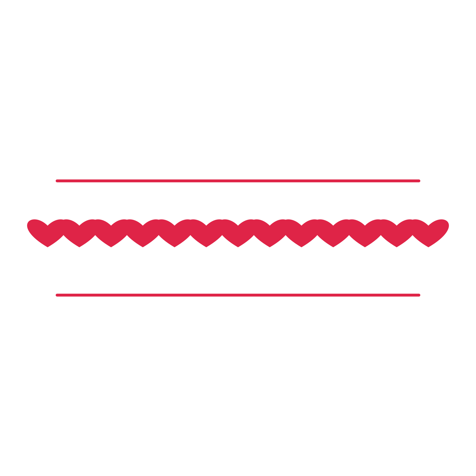 A decorative divider with 13 heart motifs arranged in a line, between two fine horizontal rules.