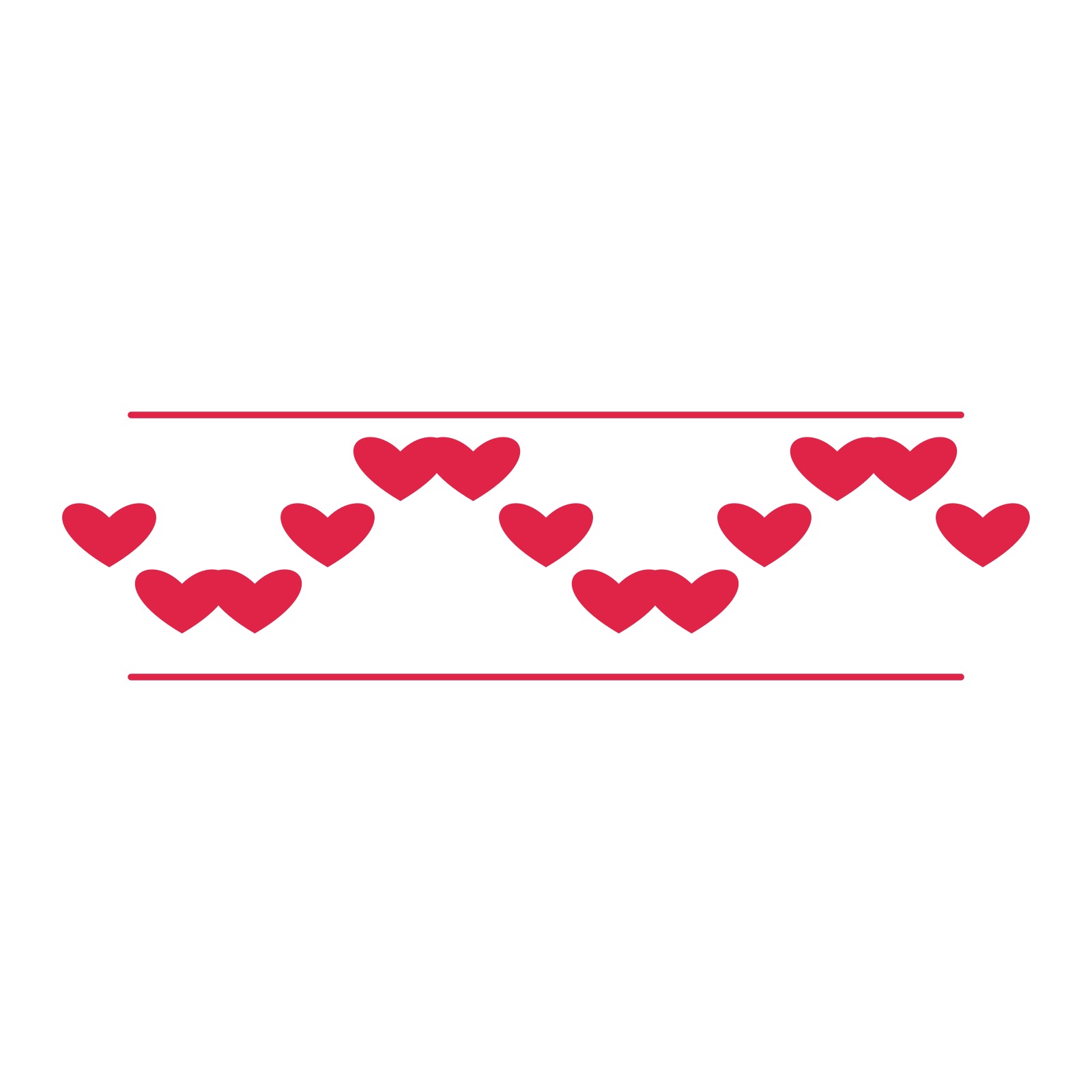 A decorative divider with 13 heart motifs arranged in a wave, between two fine horizontal rules.