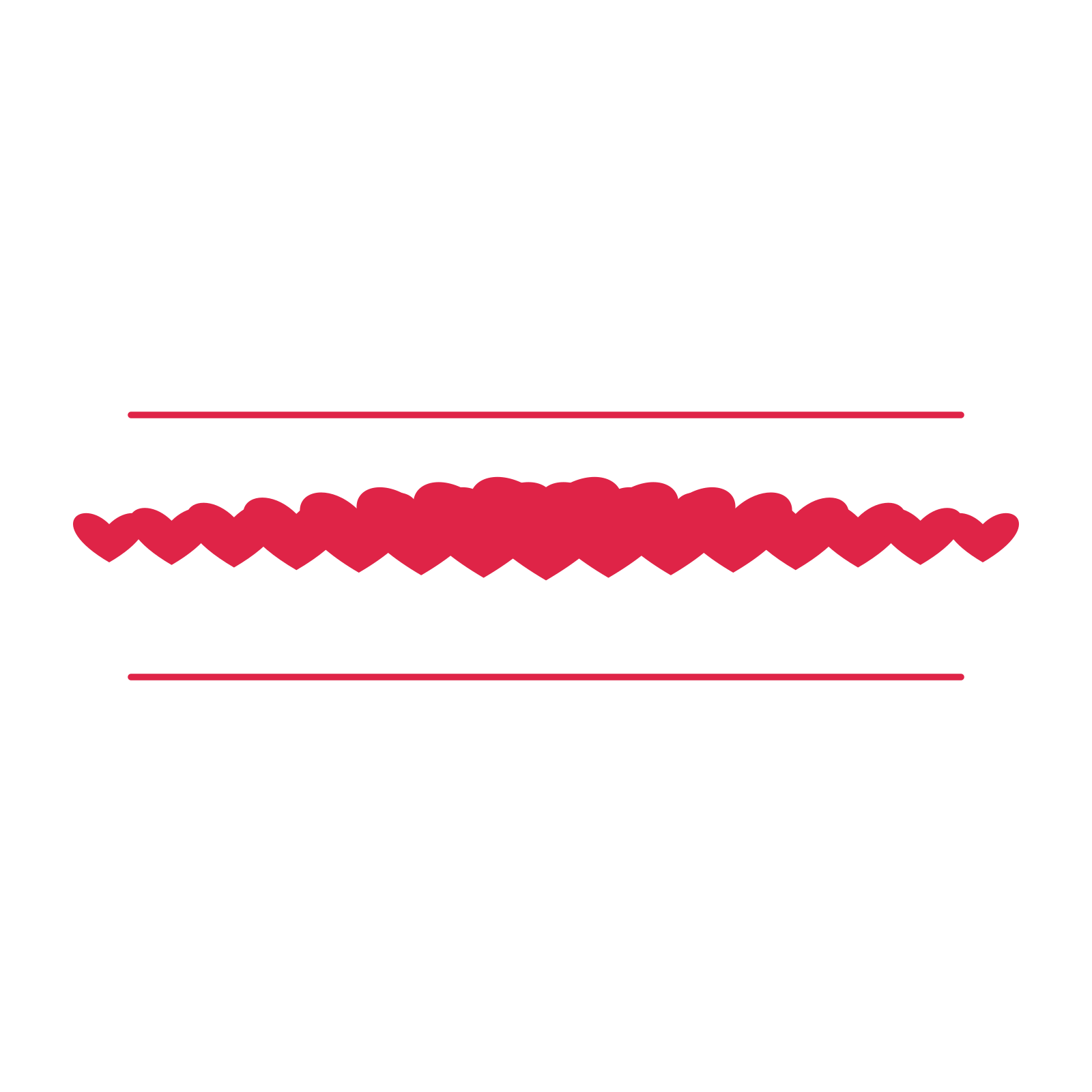 A decorative divider with 15 heart motifs arranged in a tapered, between two fine horizontal rules.