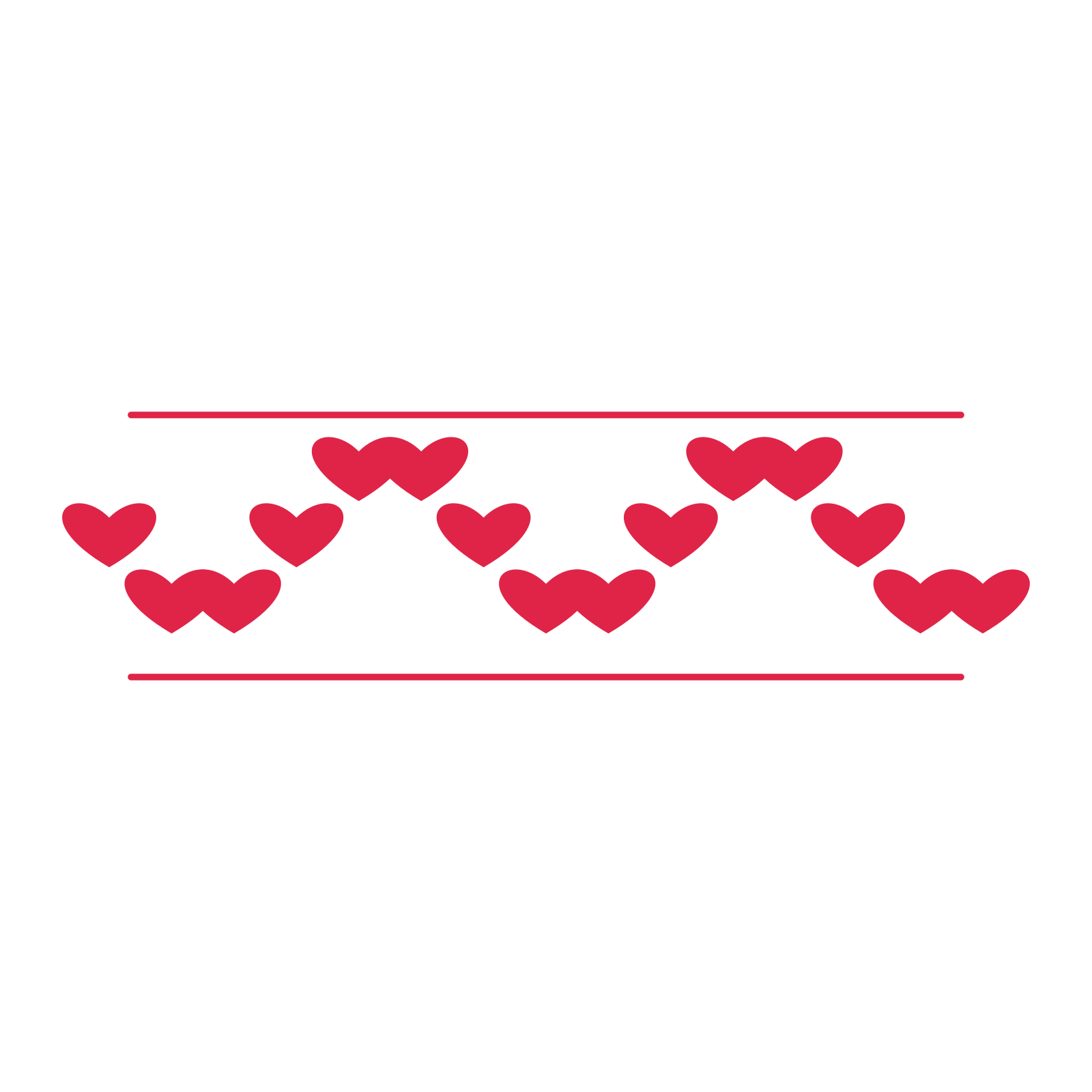 A decorative divider with 15 heart motifs arranged in a wave, between two fine horizontal rules.