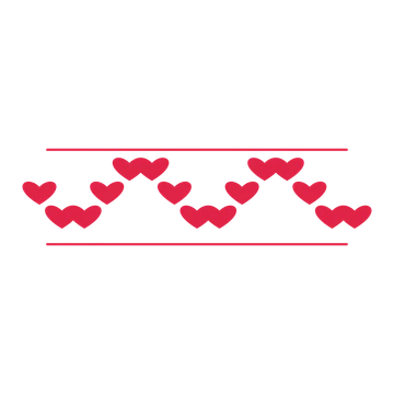 A decorative divider with 15 heart motifs arranged in a wave, between two fine horizontal rules.