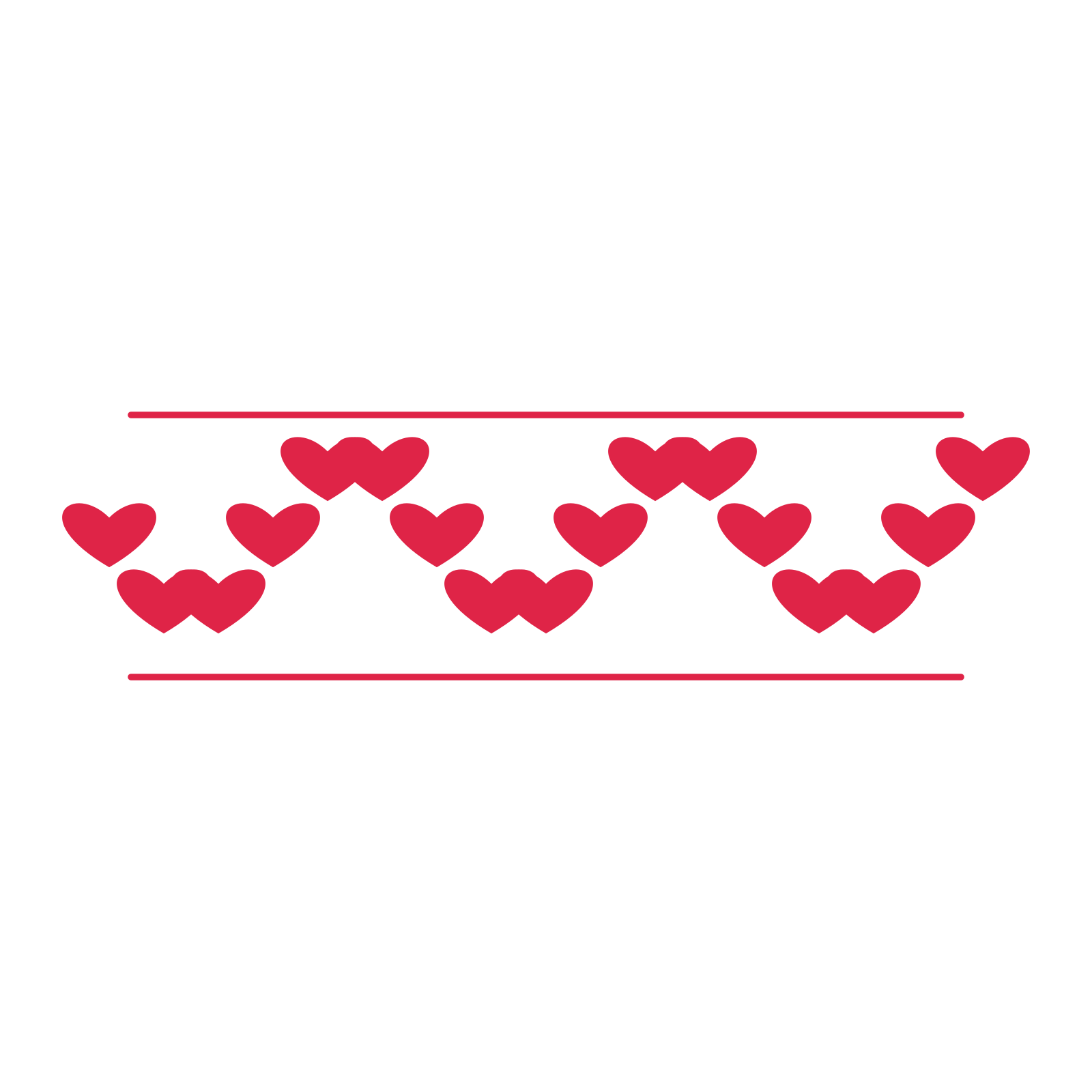 A decorative divider with 17 heart motifs arranged in a wave, between two fine horizontal rules.