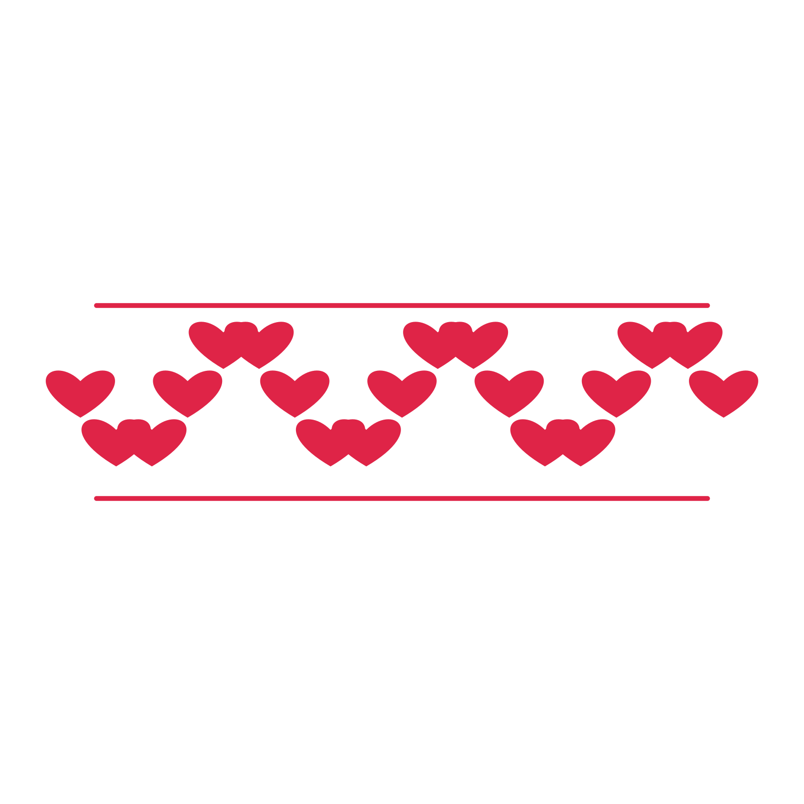 A decorative divider with 19 heart motifs arranged in a wave, between two fine horizontal rules.