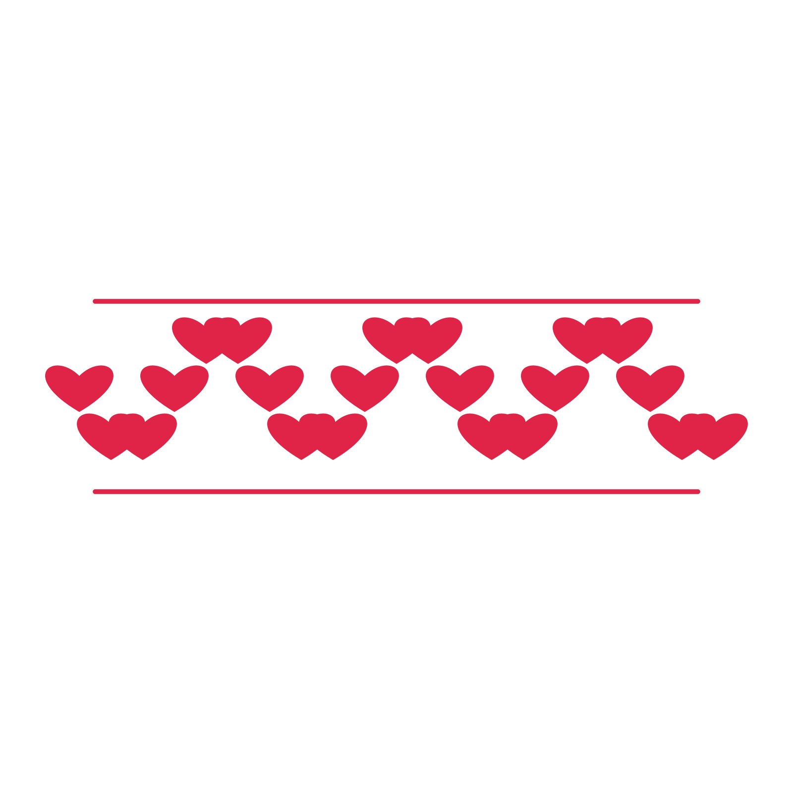 A decorative divider with 21 heart motifs arranged in a wave, between two fine horizontal rules.