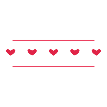 A decorative divider with 5 heart motifs arranged in a line, between two fine horizontal rules.