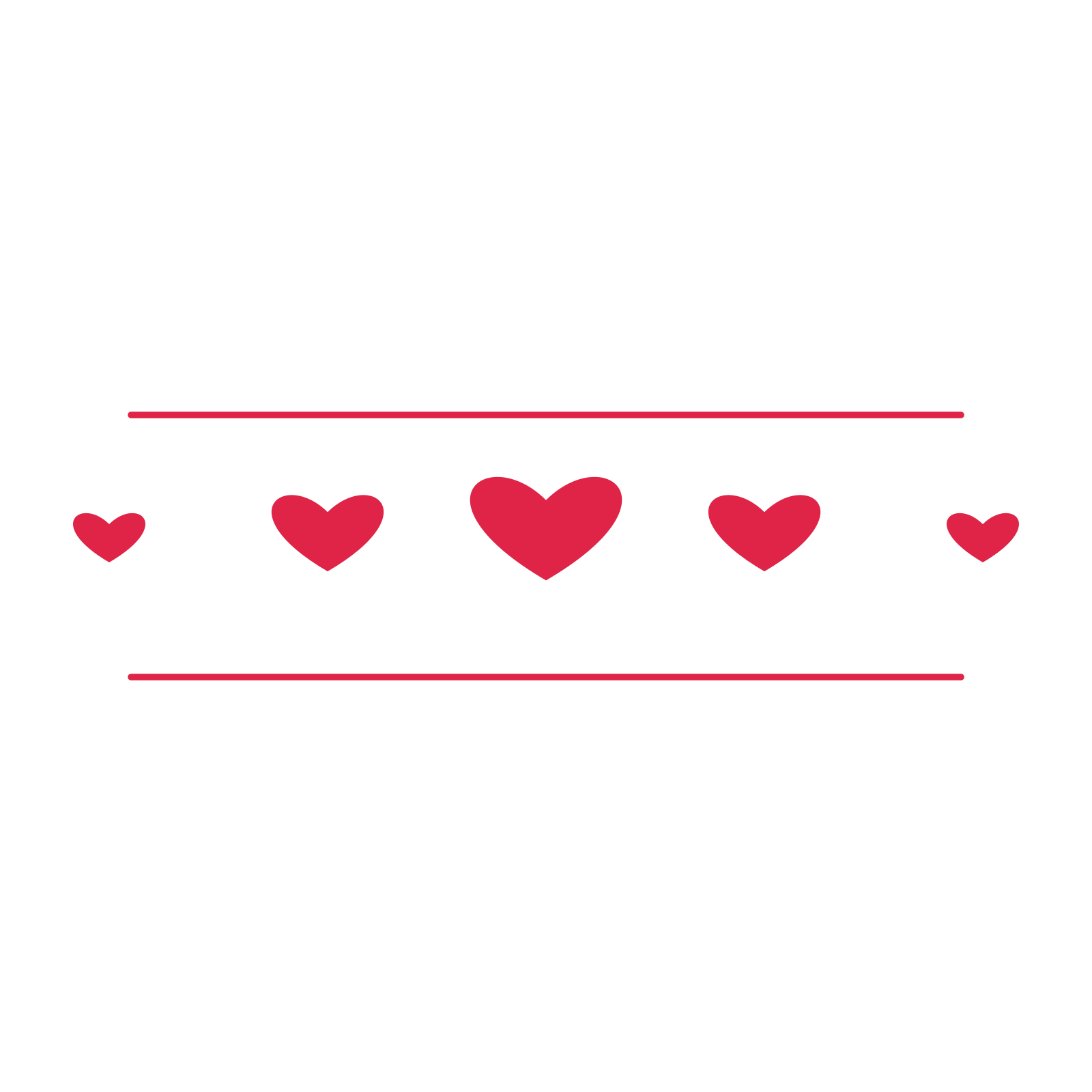 A decorative divider with 5 heart motifs arranged in a tapered, between two fine horizontal rules.