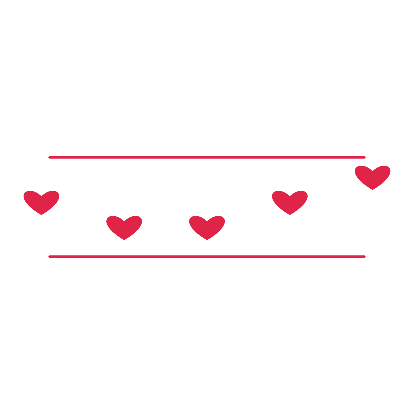 A decorative divider with 5 heart motifs arranged in a wave, between two fine horizontal rules.