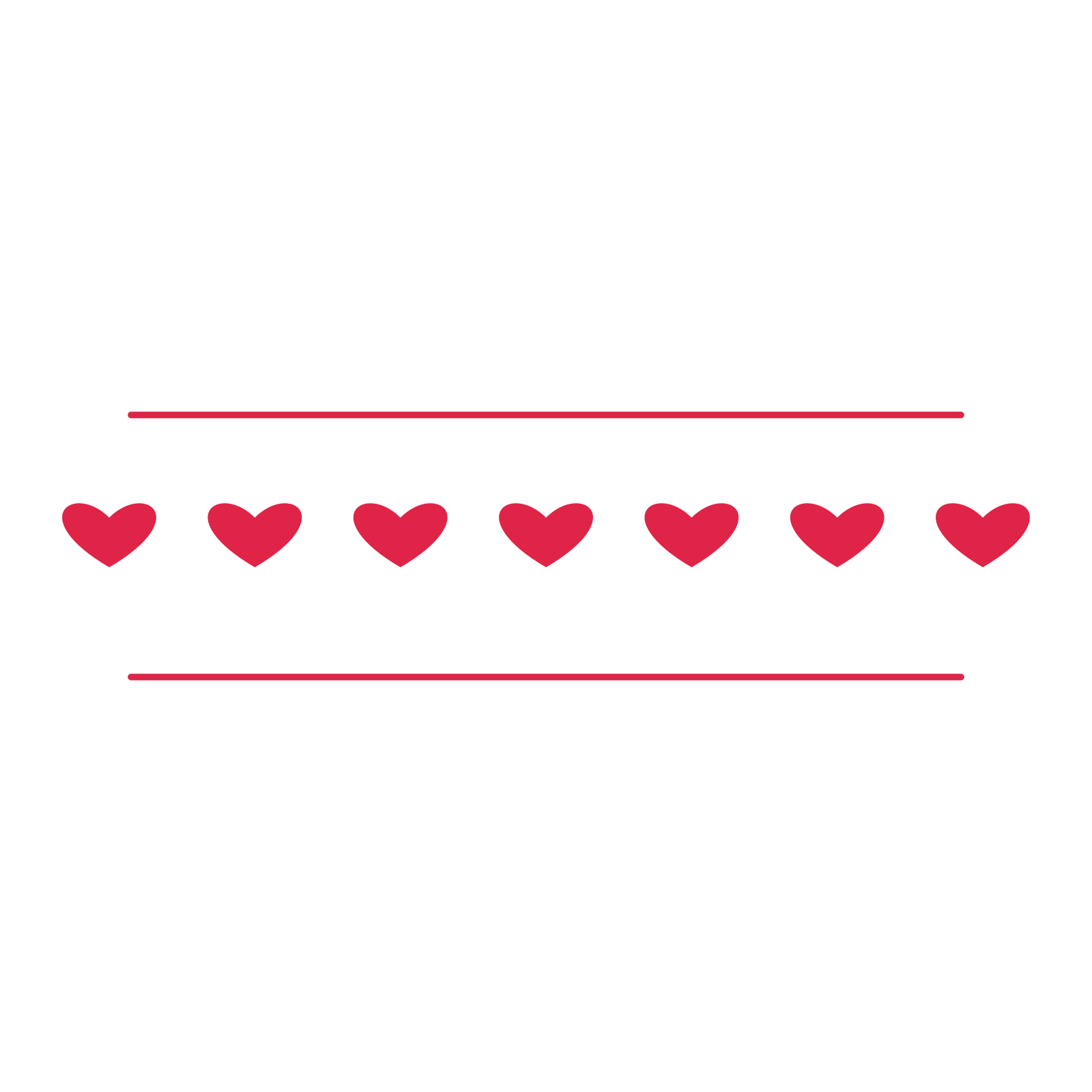 A decorative divider with 7 heart motifs arranged in a line, between two fine horizontal rules.
