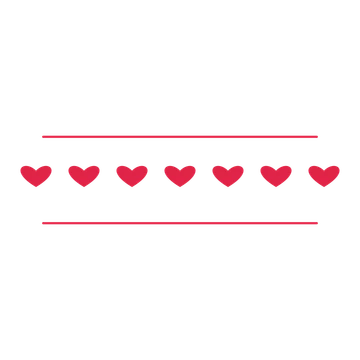A decorative divider with 7 heart motifs arranged in a line, between two fine horizontal rules.