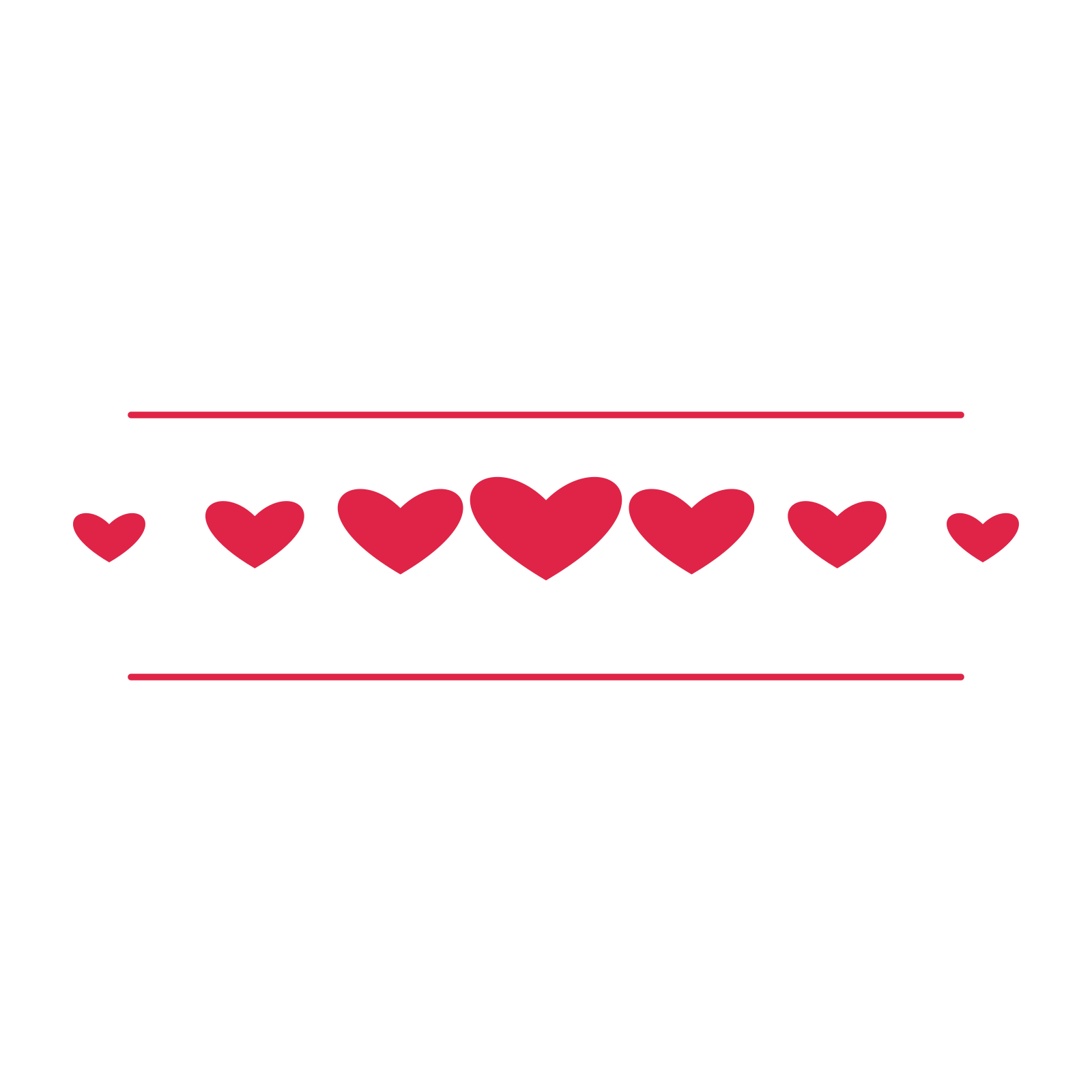 A decorative divider with 7 heart motifs arranged in a tapered, between two fine horizontal rules.