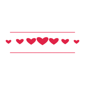 A decorative divider with 7 heart motifs arranged in a tapered, between two fine horizontal rules.