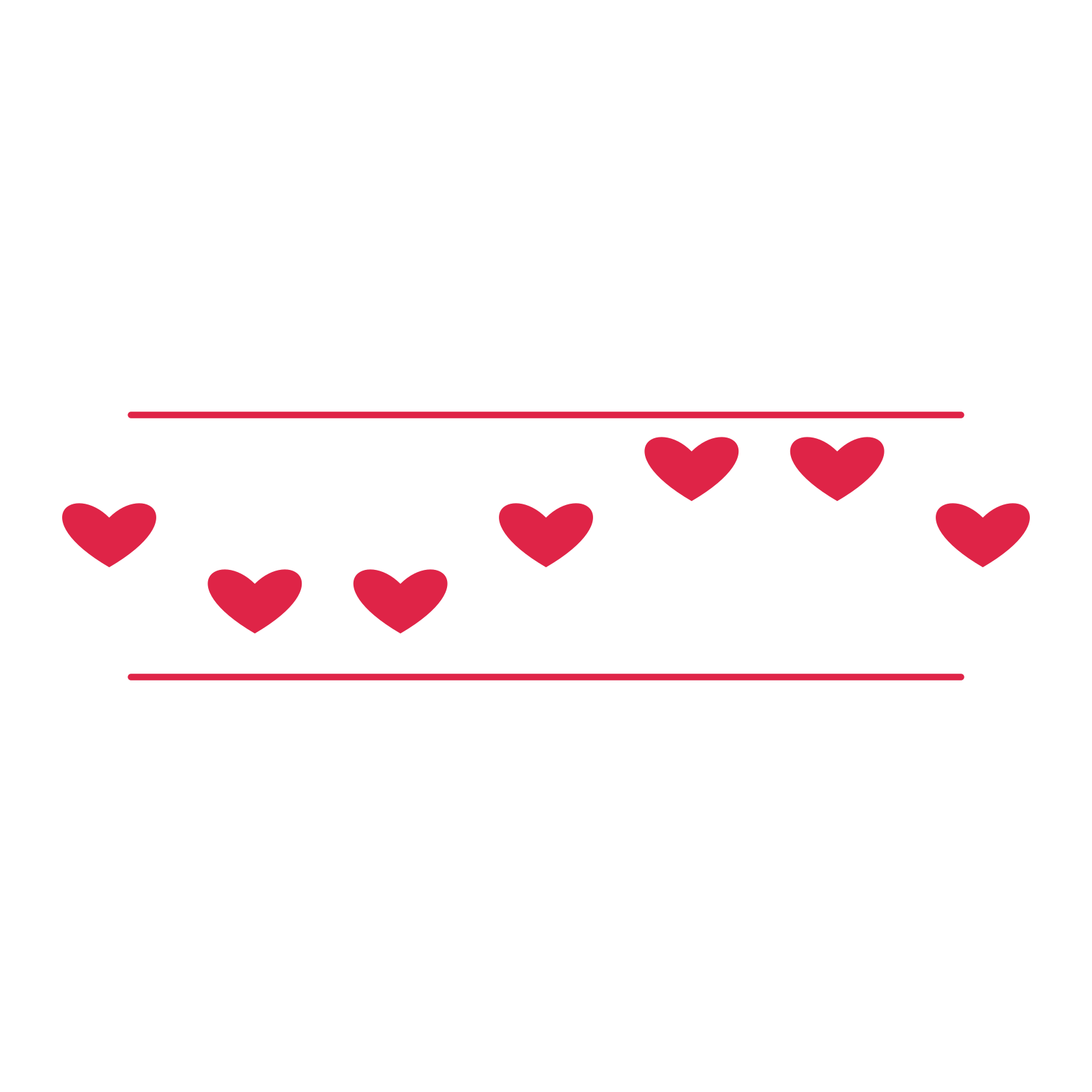 A decorative divider with 7 heart motifs arranged in a wave, between two fine horizontal rules.