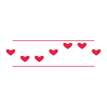 A decorative divider with 7 heart motifs arranged in a wave, between two fine horizontal rules.